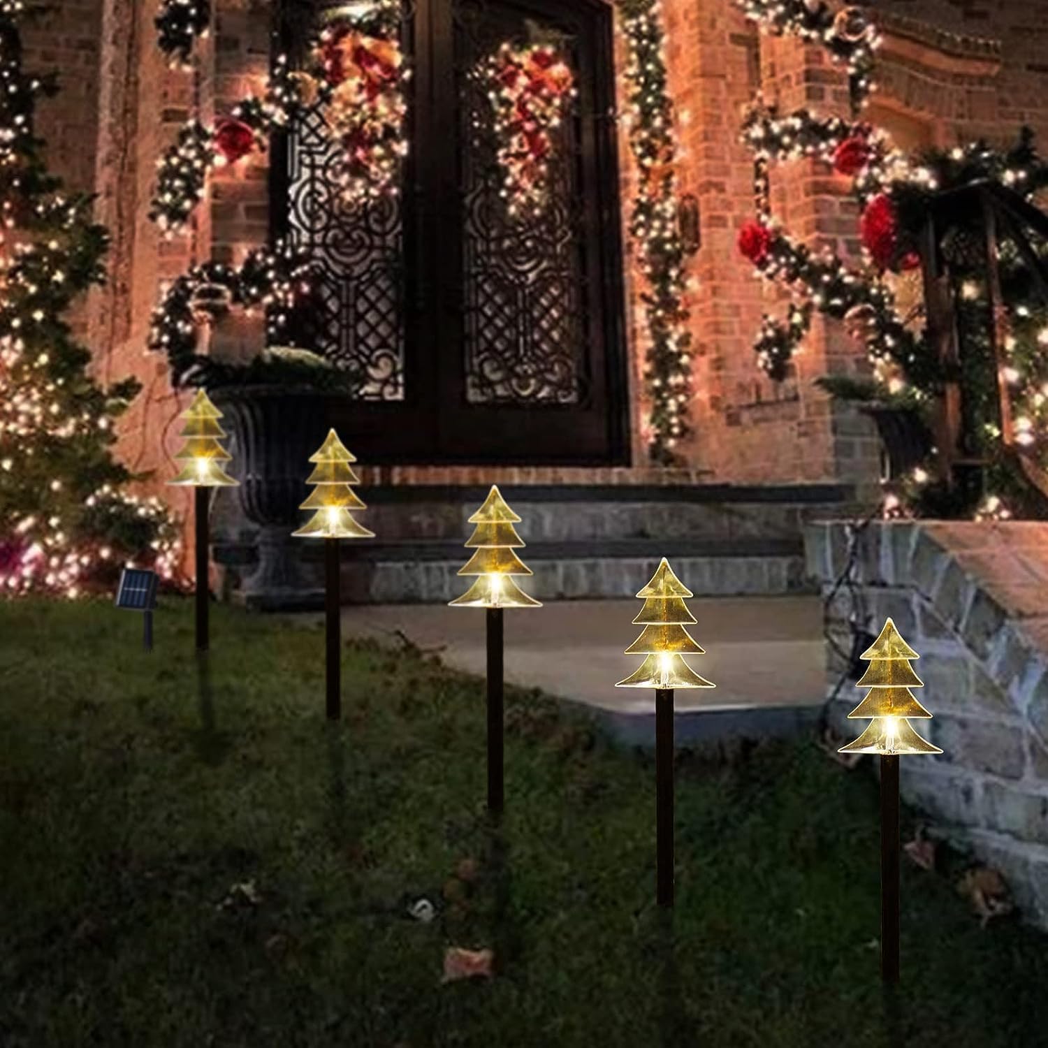 Outdoor Christmas Decorations, Solar Christmas Pathway Lights, Set of 5 Waterproof Landscape LED Lights for Yard Lawn Patio Walkway Decor