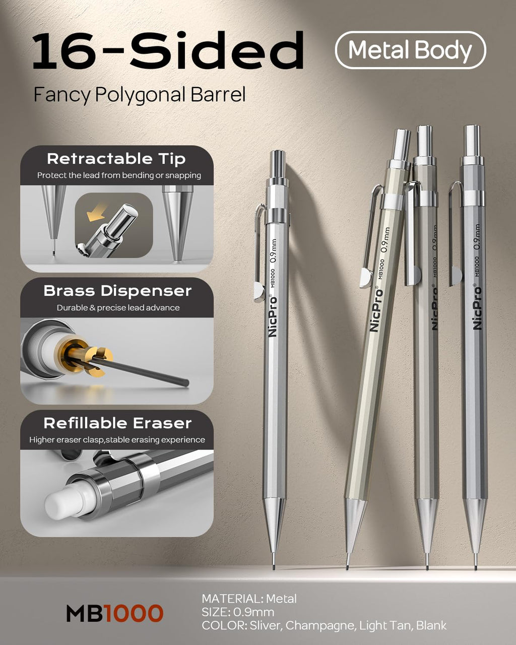 Nicpro 4 Pack Mechanical Pencil 0.7mm with Case, MB1000 Metal Mechanical Pencil Set with 6 Tube HB #2 Lead Refill 0.7 mm, 3PCS 4B Eraser, 9 Cap Eraser for Artist Drafting Writing, Sketching, Drawing