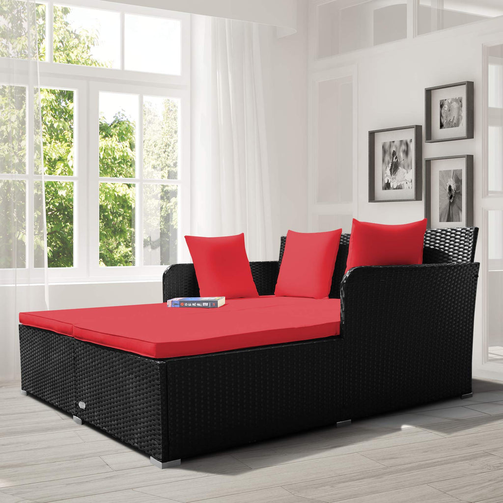 Tangkula Patio Rattan Daybed with Retractable Canopy, Outdoor Wicker Sunbed Lounger with 2 Foldable Side Tables, Thick Seat & Back Cushions, Outside Double Daybed for Garden, Backyard, Porch