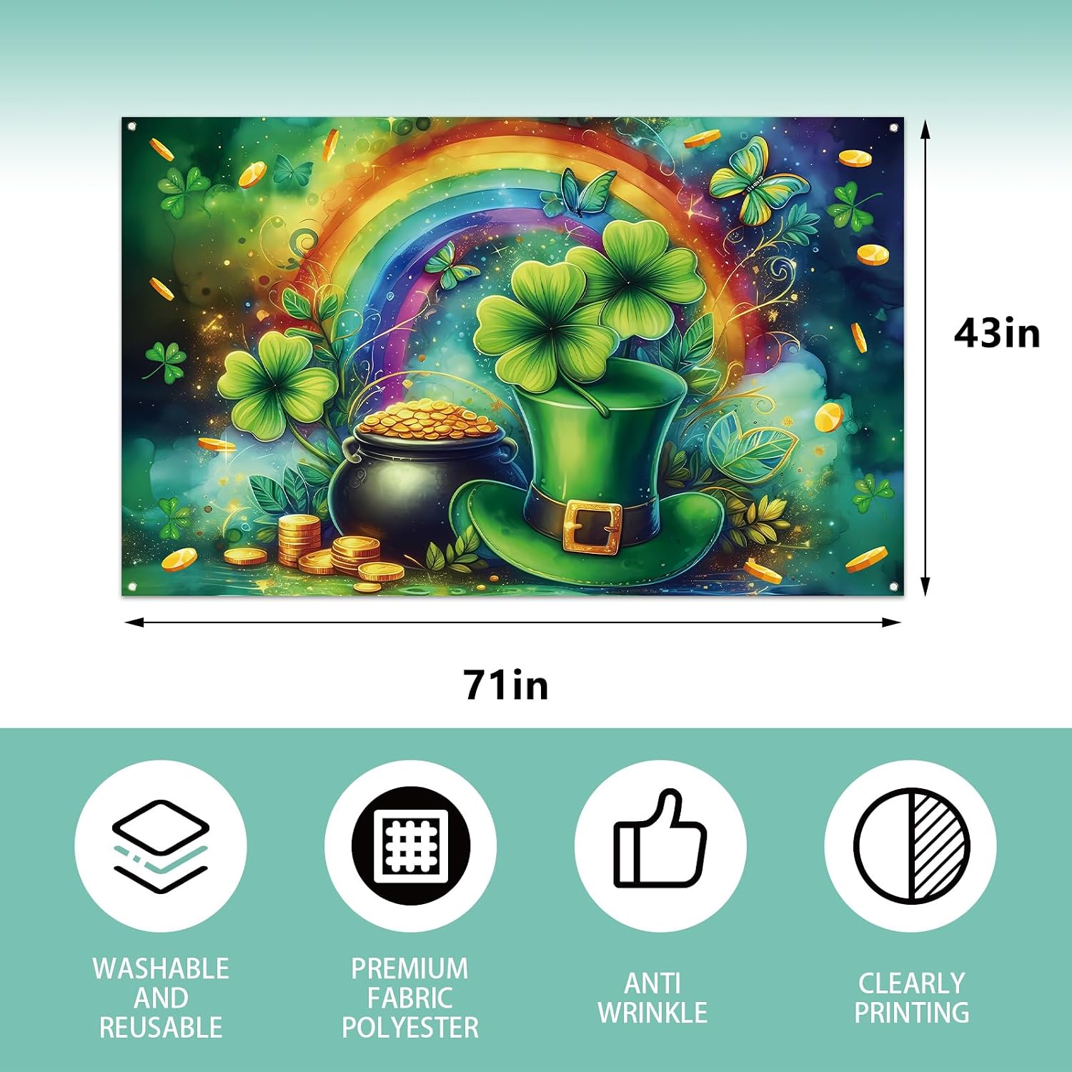 Happy St Patricks Day Photo Backdrop Rainbow Gold Coins Green Shamrock Lucky Clover Banner St. Patrick's Day Party Decorations and Supplies for Home-71×43''