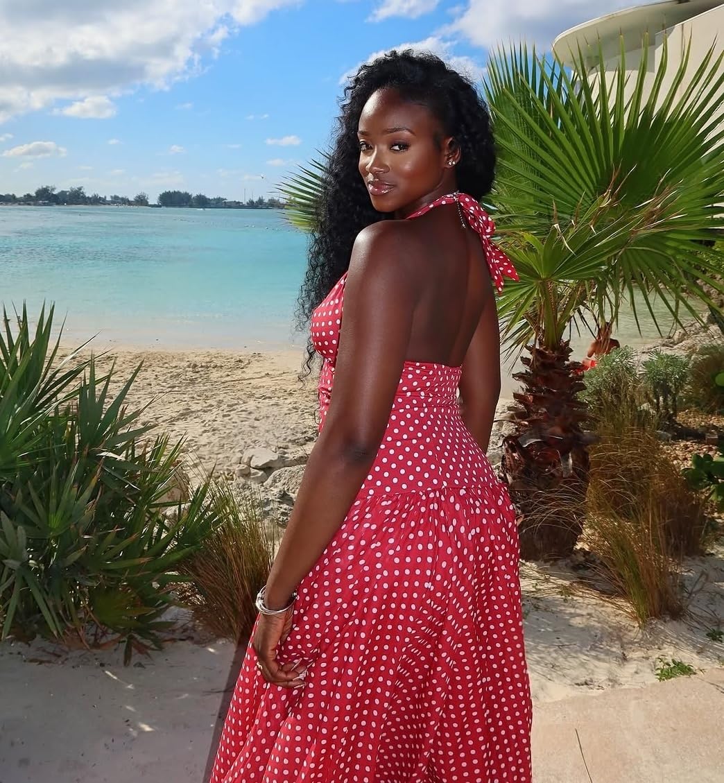 Women's Polka Dot Maxi Dress Halter Neck Sleeveless Drop Waist Flowy Summer Wedding Beach Sundress