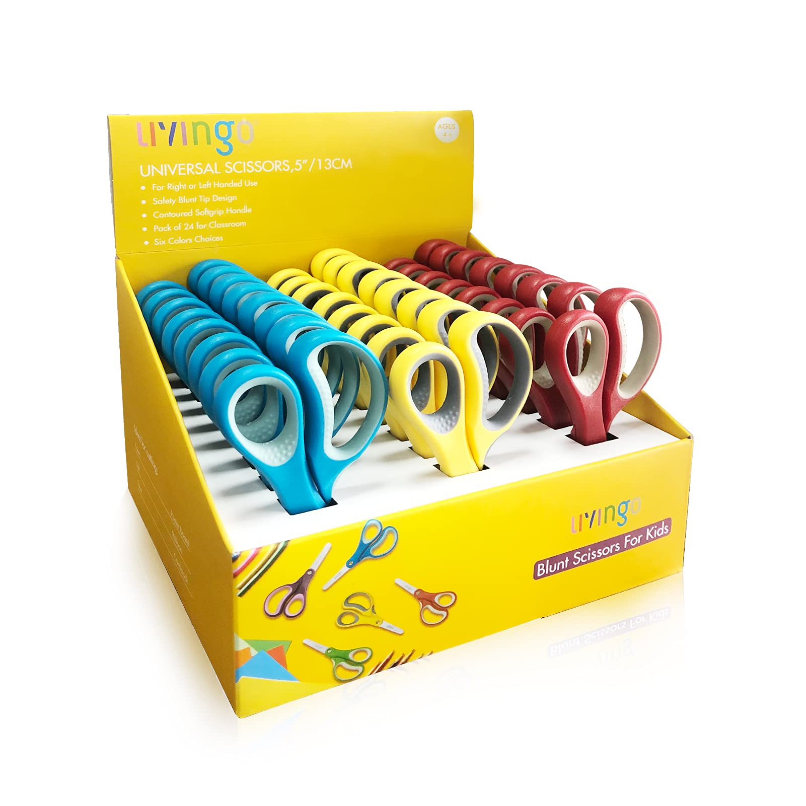 LIVINGO 5" Small School Student Blunt Kids Craft Scissors, Sharp Stainless Steel Blades Safety Comfort Grip for Children Cutting Paper, Assorted Color, 3 Pack