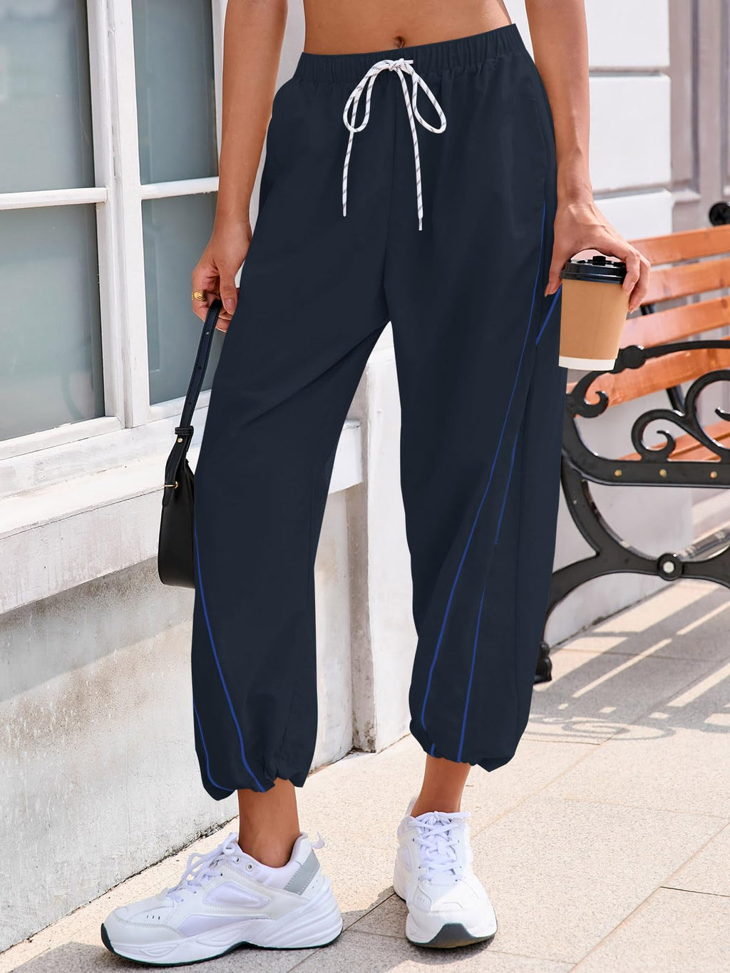 Fisoew Womens Baggy Wide Leg Pants Casual Elastic Waist Drawstring Hiking Workout Cropped Pants with Pockets