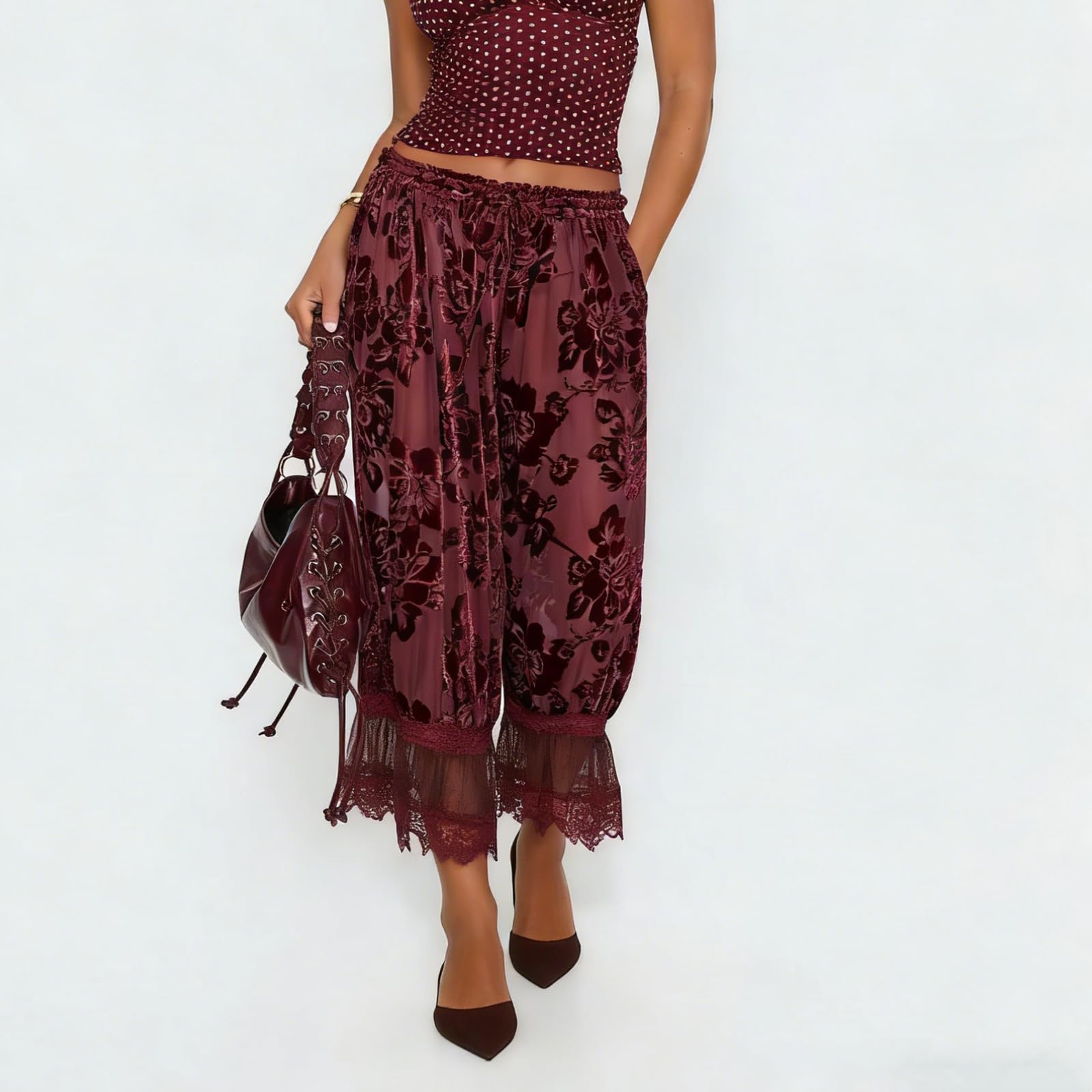 Women Lace Trim Long Bloomers Y2k Elastic Mid Rise Floral Ruffle Pantaloons Flared Slips Pants Pajama Bottoms