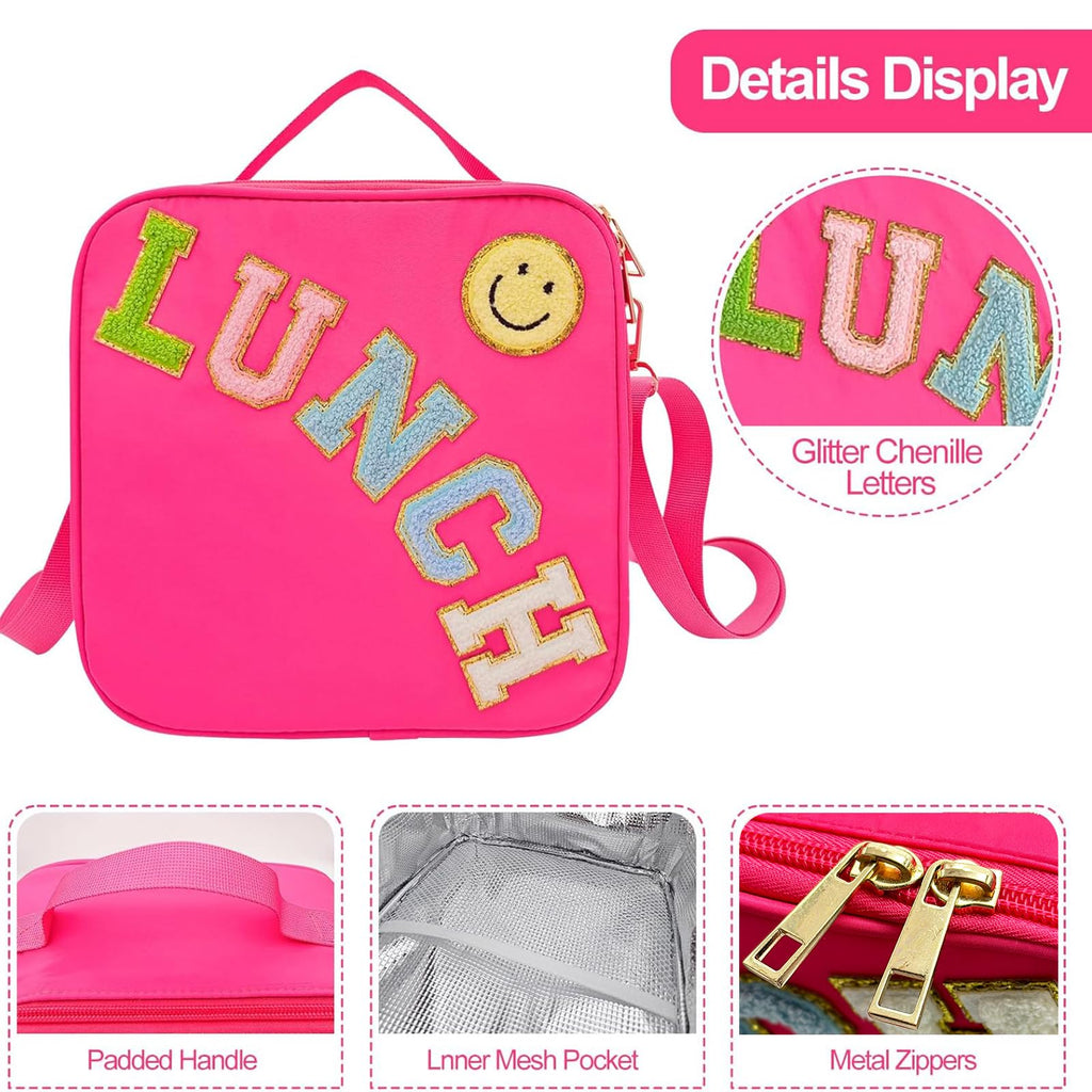 Insulated Lunch Bag With Adjustable Shoulder Strap, Nylon Preppy Lunch Box Large Insulated Lunch Bag Reusable Lunch Tote Bag with Smiley Preppy LunchBag for Girls School Travel Picnic (Purple)