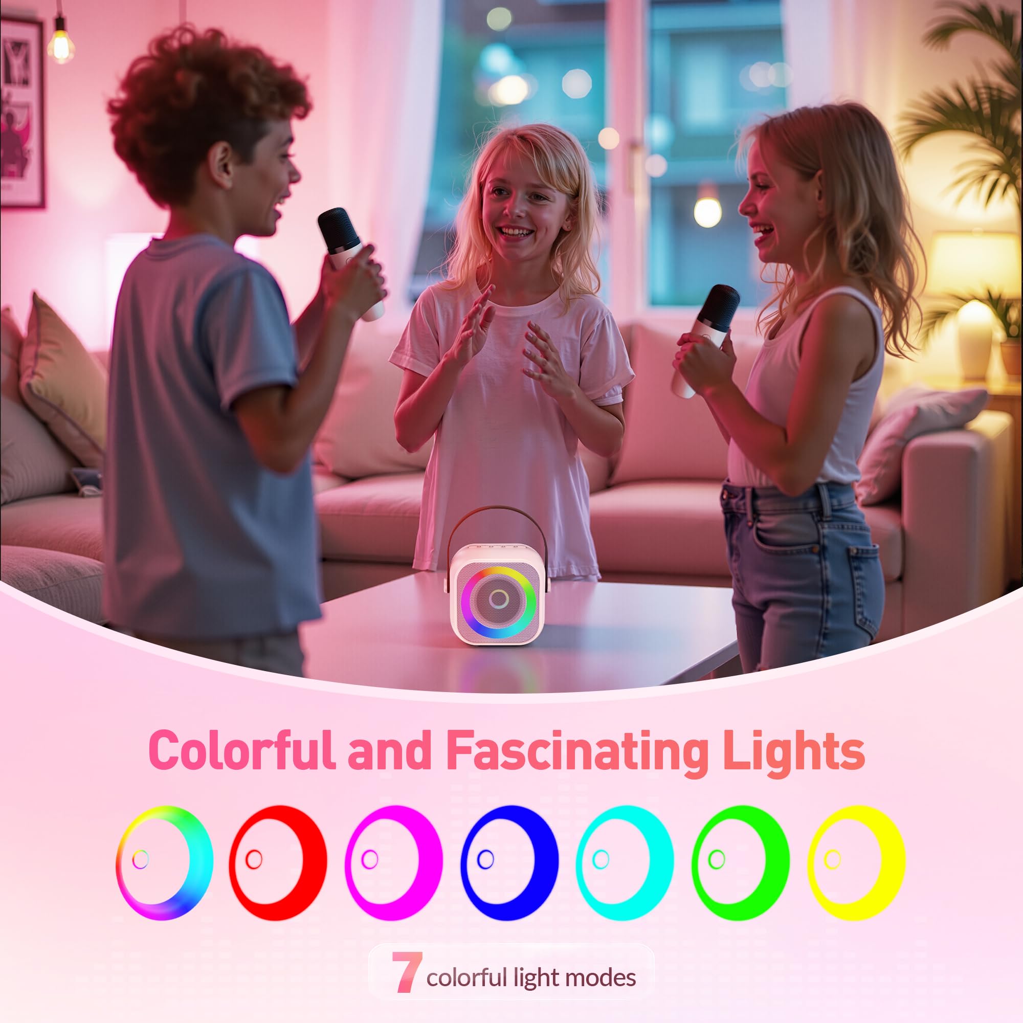 Mini Karaoke Machine, Portable Bluetooth Karaoke Speaker with 2 Wireless Microphones and Party Lights for Kids and Adults, Birthday Gifts for Girls Boys Family Home Party