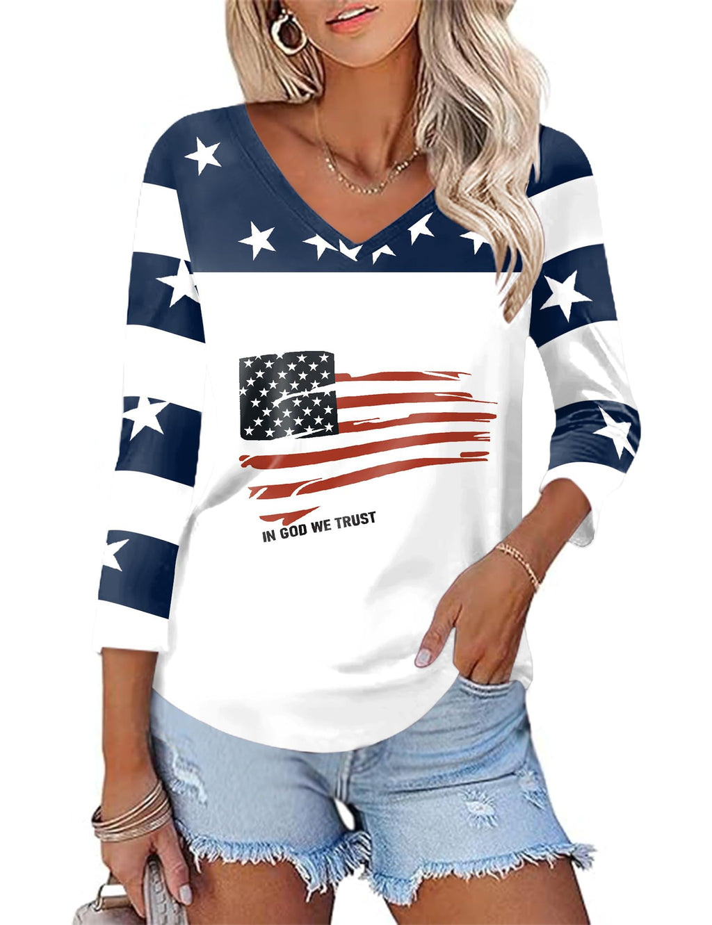 KTILG Women's V Neck T Shirts 3/4 Sleeve Blouse Summer Tops Dressy Casual Solid Basic Tees