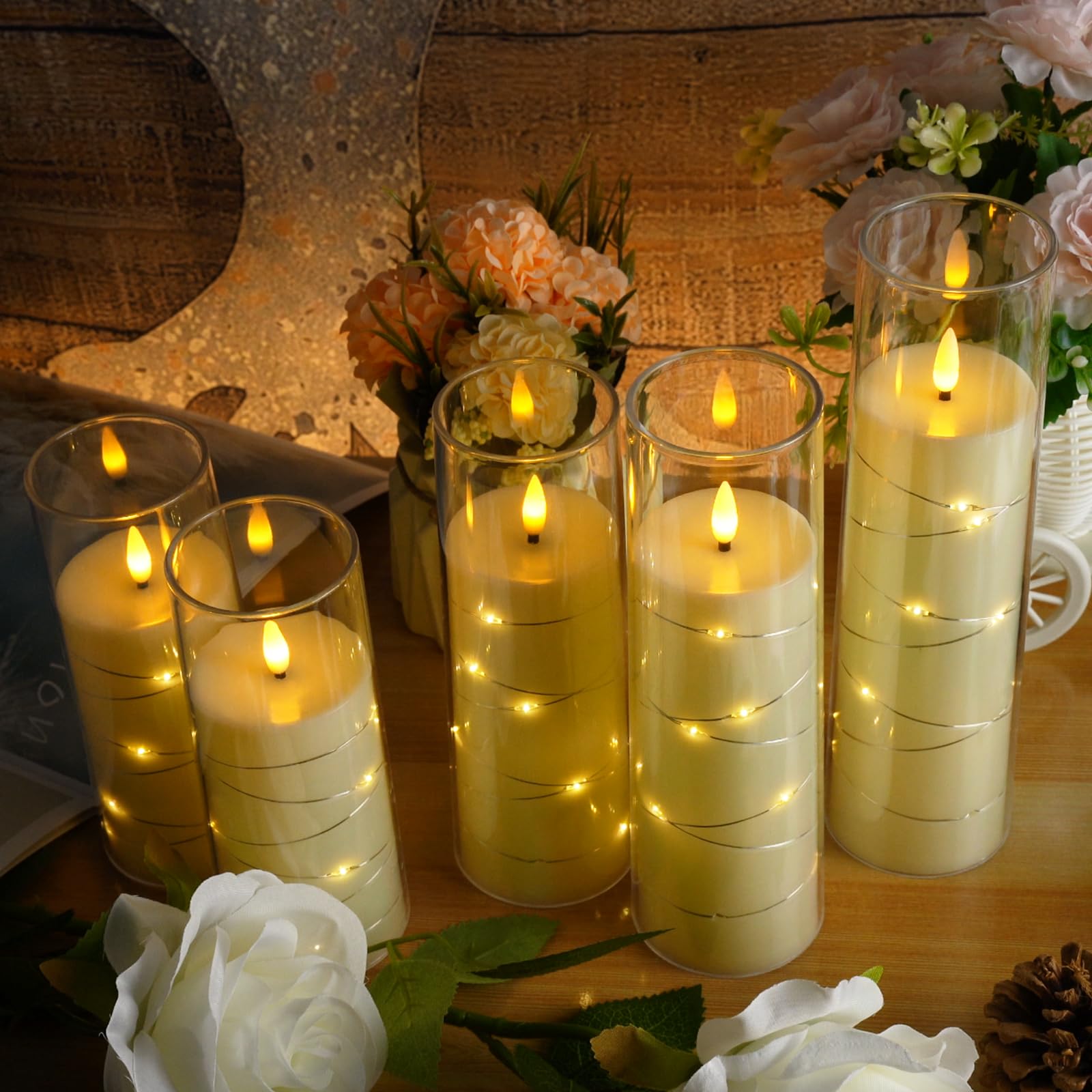 kakoya Flameless LED Candles with Timer 5 Pc Flickering Flameless Candles for Romantic Ambiance and Home Decoration Stable Acrylic Shell,with Embedded Star String，Battery Operated Candles（Red）