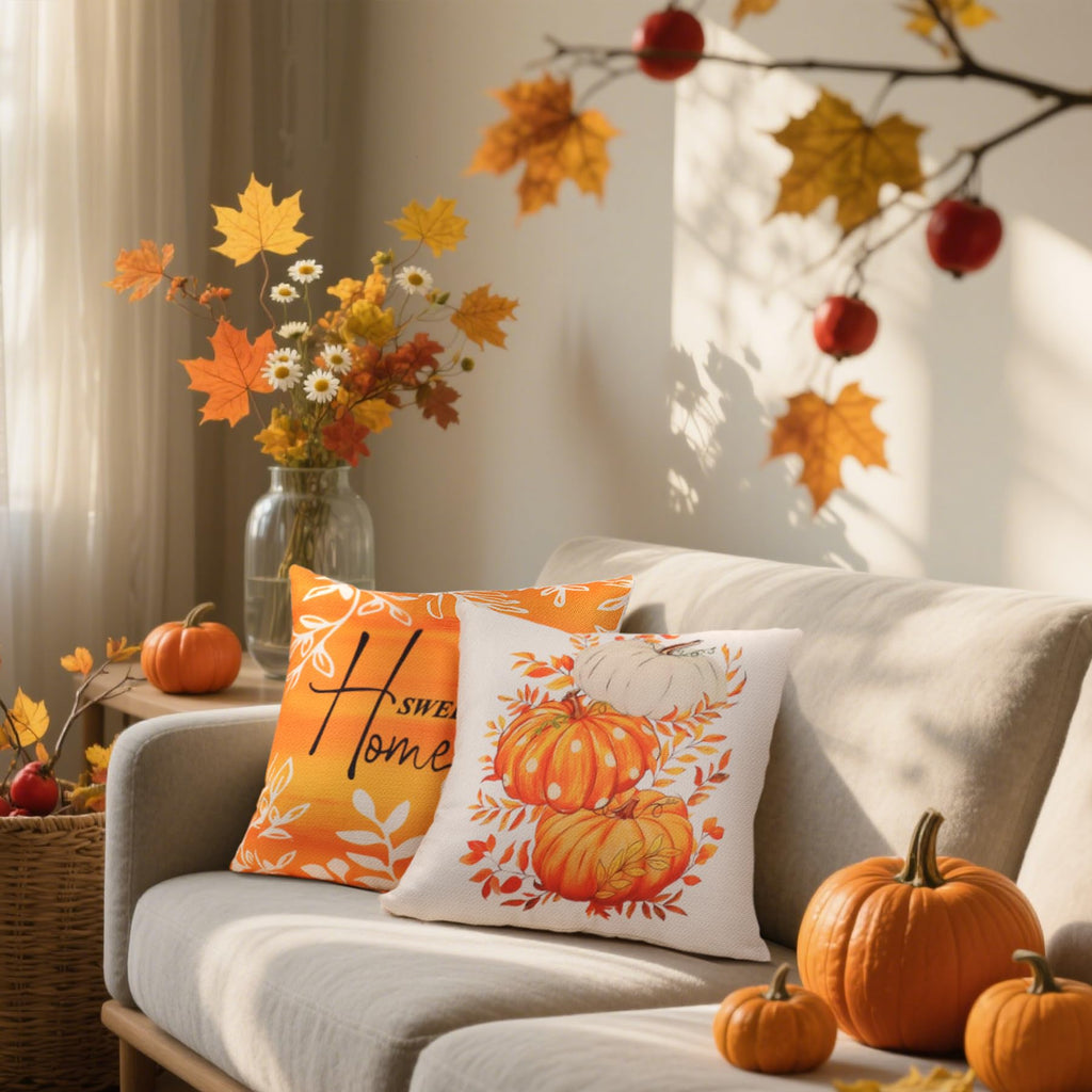 Hongsome Fall Decorations for Home-Throw Pillow Covers 18x18in Set of 4,Pumpkin Linen Pillow Case for Thanksgiving Couch Autumn Holiday Outdoor Burnt Orange White Decor