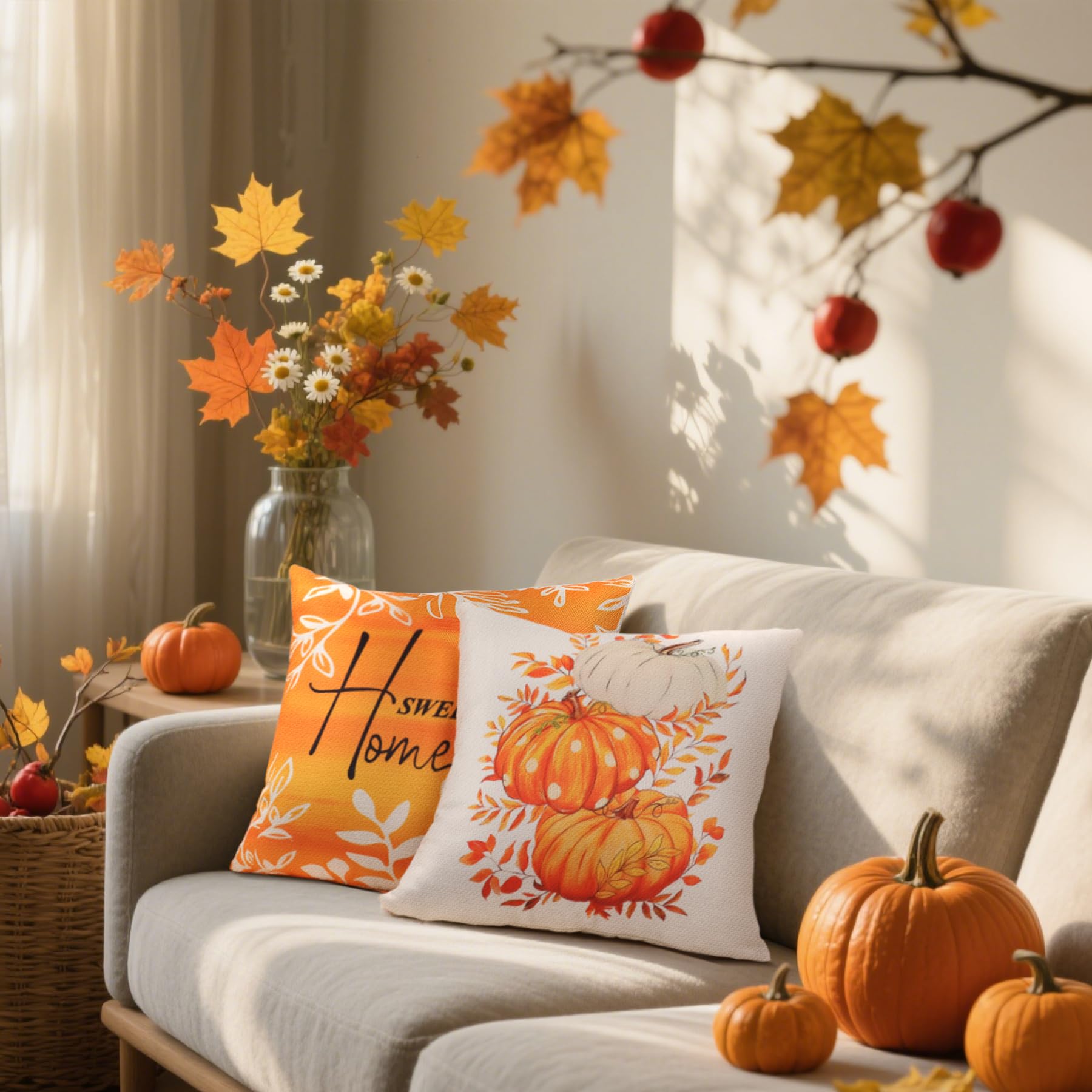 Hongsome Fall Decorations for Home-Throw Pillow Covers 18x18in Set of 4,Pumpkin Linen Pillow Case for Thanksgiving Couch Autumn Holiday Outdoor Burnt Orange White Decor