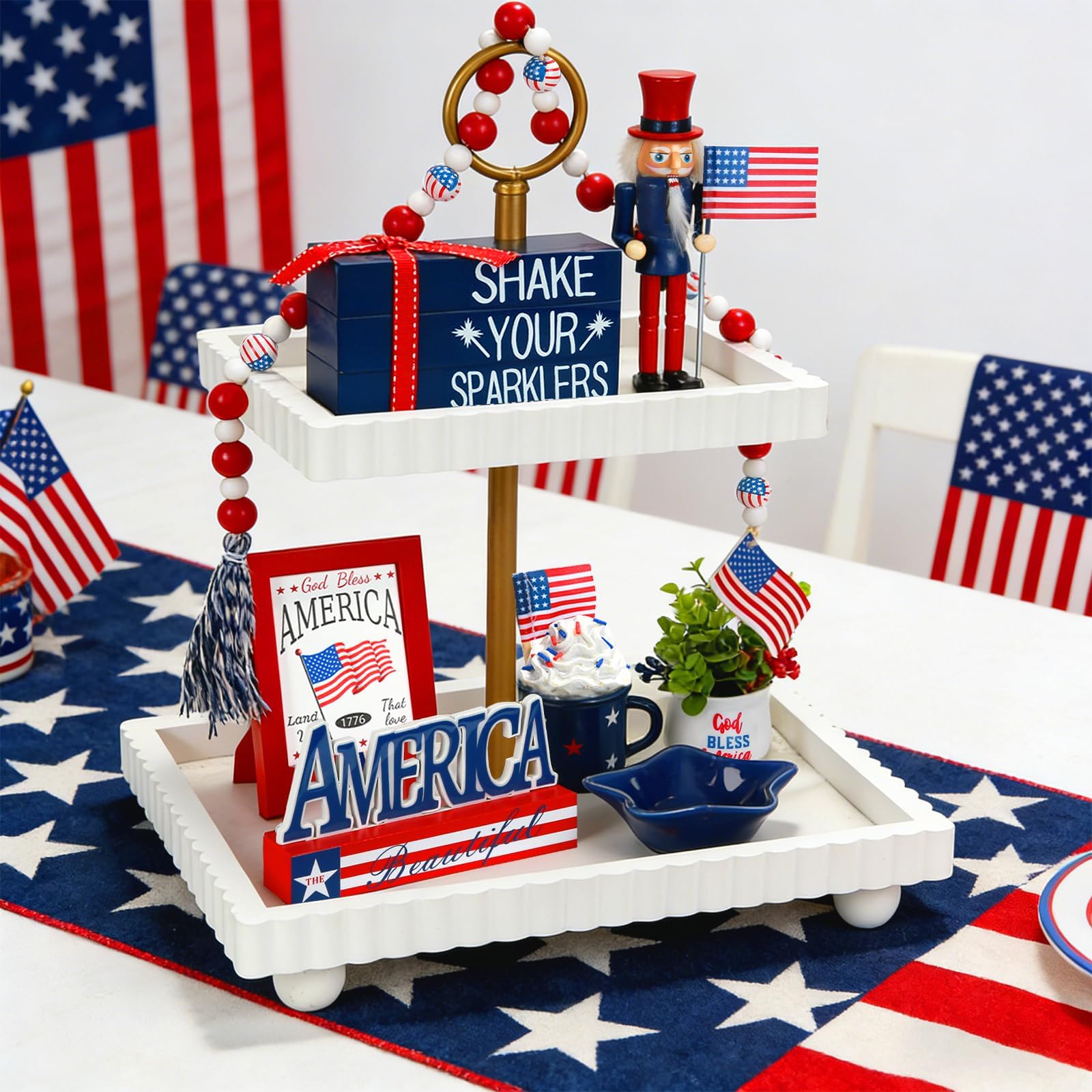 Christmas Decorations 8 PCS Tiered Tray Decor Set, Cute Tabletop Christmas Decor for Home Office Shelf Mantel Coffee Bar Xmas Table Centerpieces Tray Objects Holiday Decoration Set