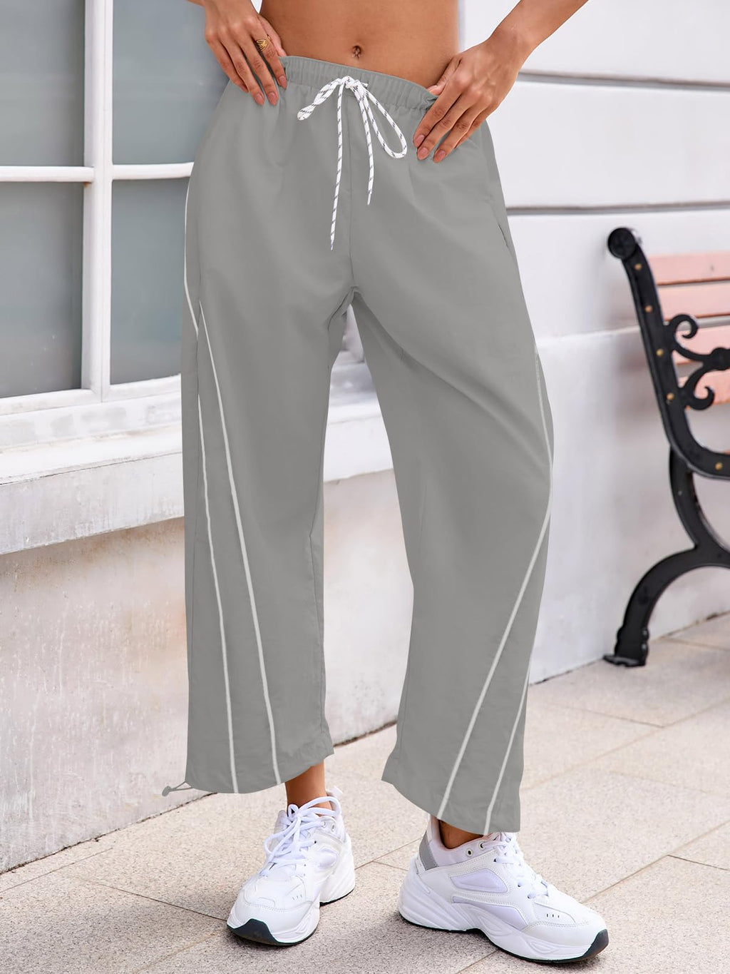 Fisoew Womens Baggy Wide Leg Pants Casual Elastic Waist Drawstring Hiking Workout Cropped Pants with Pockets