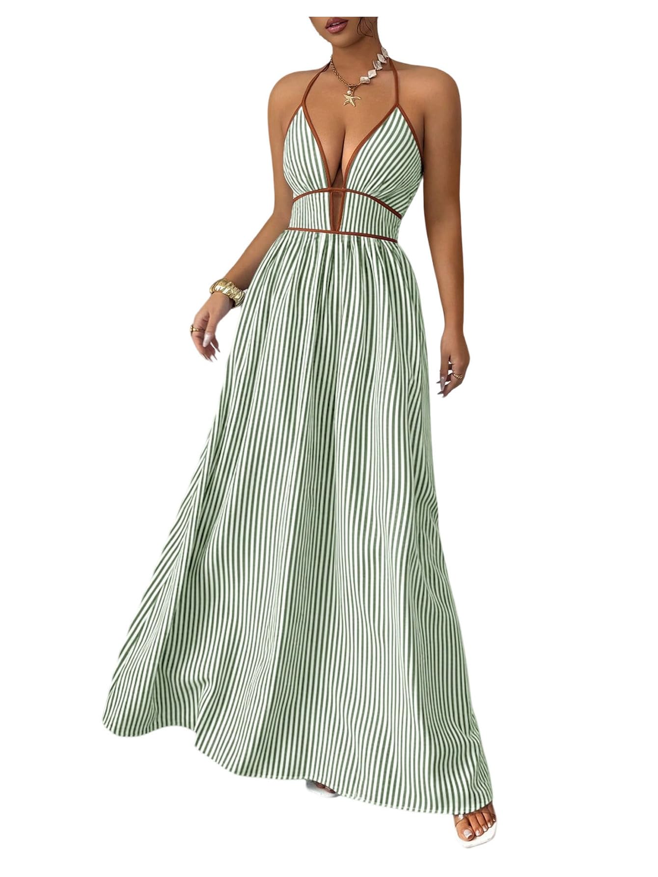 Floerns Women's Striped Halter Maxi Dress Backless Smocked Beach Vacation Boho Dress