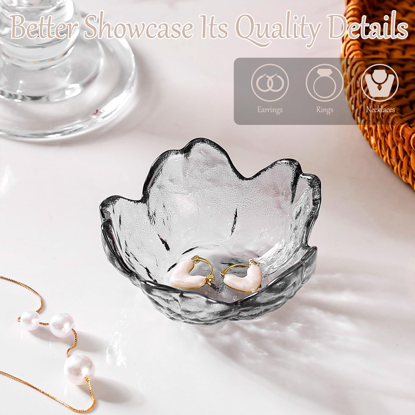 Purple Flower Jewelry Dish Glass Ring Holder Dish Jewelry Tray Cute Vanity Organizer Aesthetic Nightstand Bathroom Room Decor Trinket Dish Mothers Day Friendship Christmas Birthday Gifts for Women