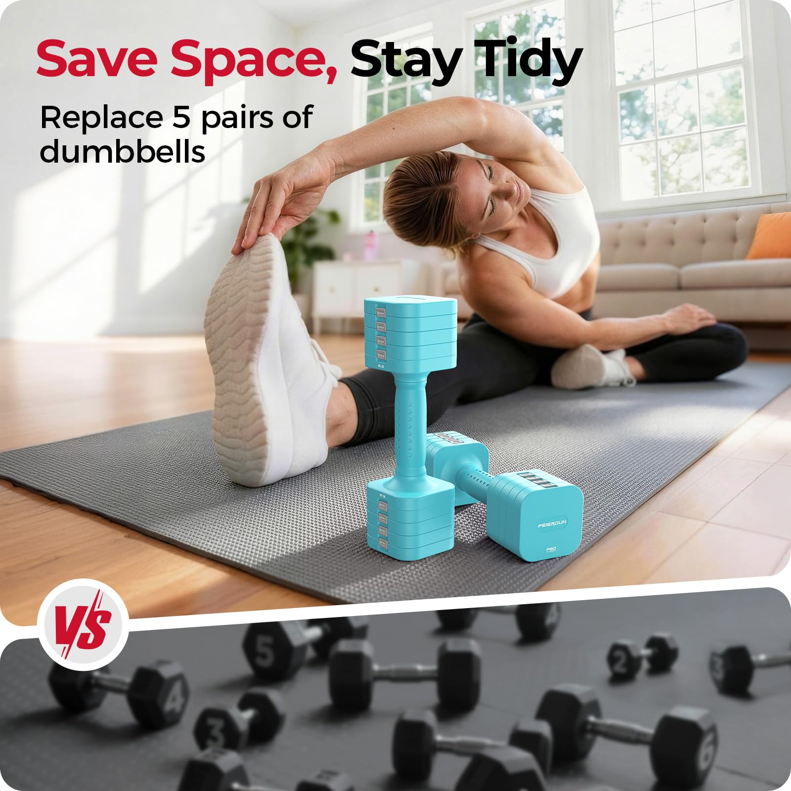 FEIERDUN DB3 5-in-1 Adjustable Dumbbell Set, 6LB/10LB Pair Adjustable Weights for Women at Home, Dual Locking Stable Hand Weights with TPU Soft Handle, Home Gym, Rehab, Pilates, Yoga, Strength Training