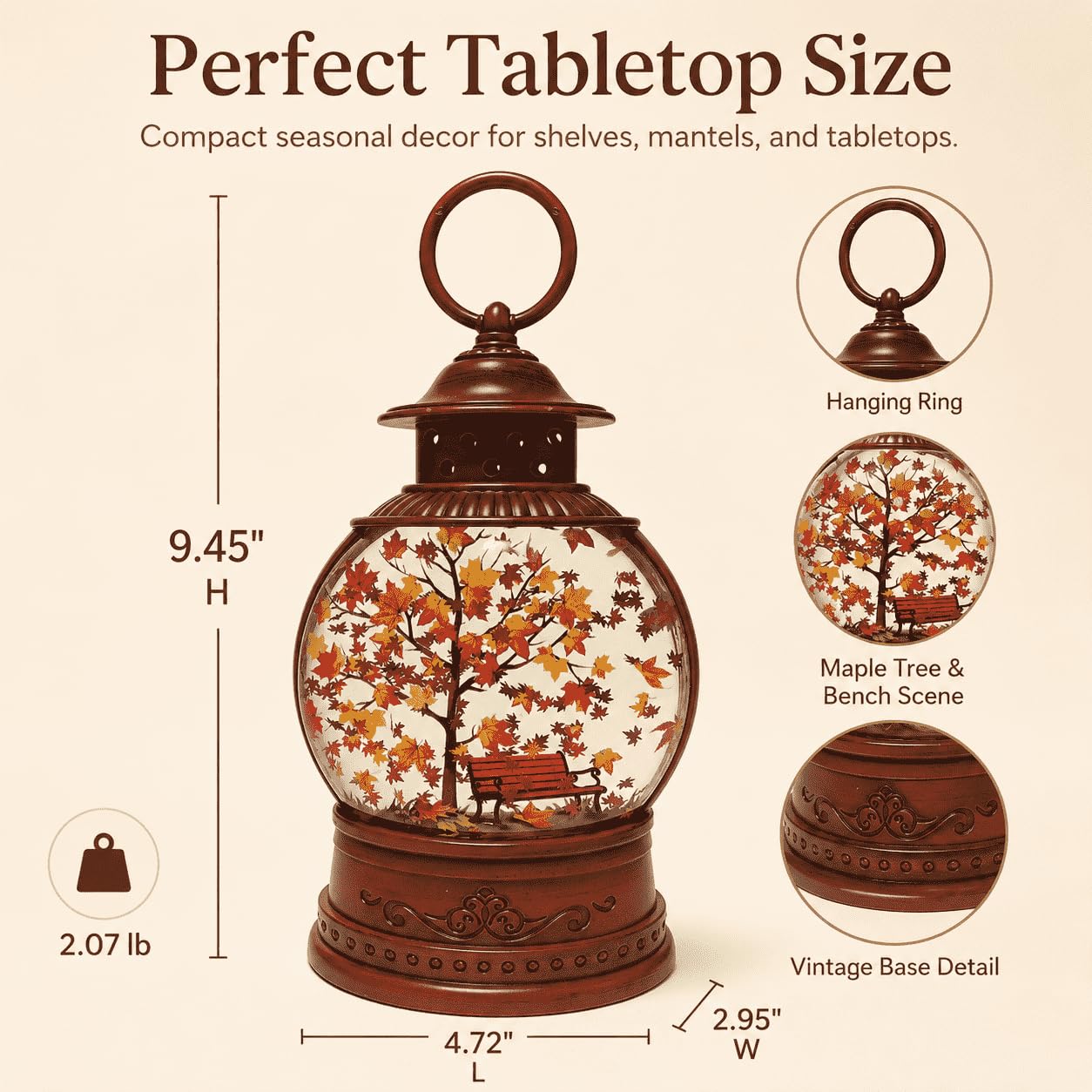 Fall Snow Globe Lantern with Swirling Maple Leaves, 9.45 Inch Autumn Water Lantern with 6 Hours Timer, USB & Battery Powered Thanksgiving Tabletop Home Decor