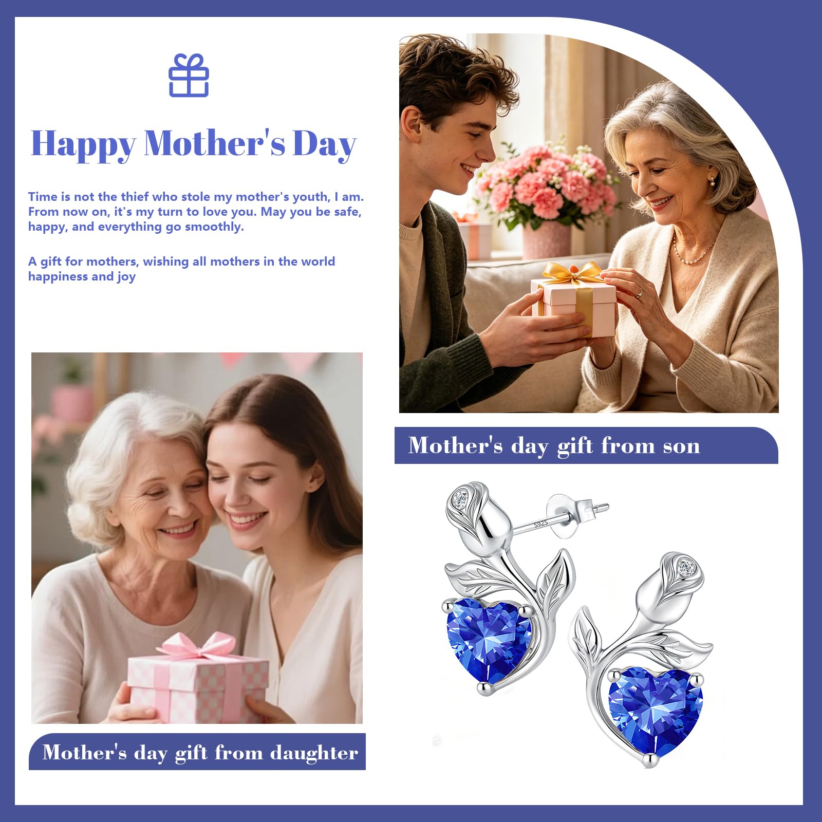 0.8CT Rose Heart Earrings Option of Sapphire Moissanite Stud Earrings Lab-Grown Earrings Birthstone Earrings for Women S925 Sterling Silver Post D Color VVS1 Clarity Ideal Gift for Wife Mother for Birthday Anniversary Mothers Day Gift for Mom Conveying I