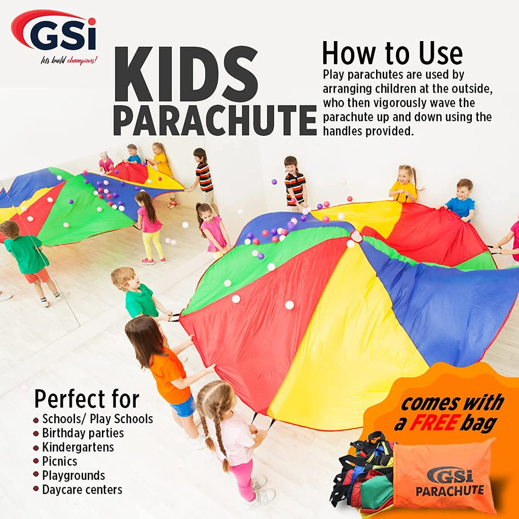 GSi Kids Play Parachute Rainbow Parachute Toy Tent Game for Children Gymnastics Cooperative Play and Outdoor Playground Activities (12 Feet)