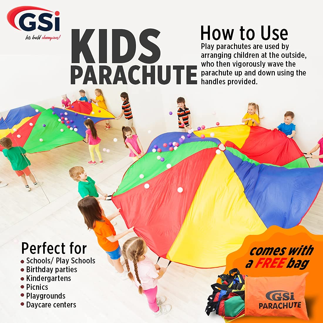GSi Kids Play Parachute Rainbow Parachute Toy Tent Game for Children Gymnastics Cooperative Play and Outdoor Playground Activities (12 Feet)
