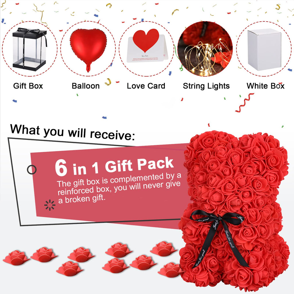 Rose Bear Mother's Day Flower Gifts for Mom Grandma, Rose Teddy Bear with Lights, Cute Teddy Flower Bear, Cute Romantic Present for Wife Girlfriend with Transparent Gift Box and Love Card