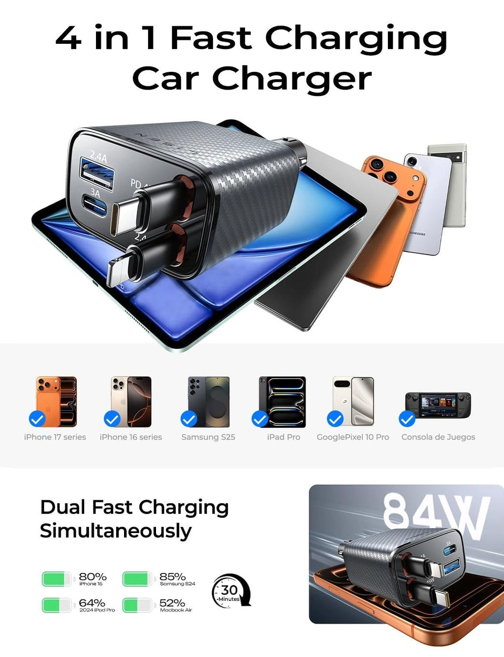 LISEN Retractable Car Charger, 84W Car Charger USB C Fast Charger Adapter for iPhone, Car Accessories for Men Women, Gifts for Fathers Day for Men Dad Husband, for iPhone 17 16 15 14 13 12 11 Samsung