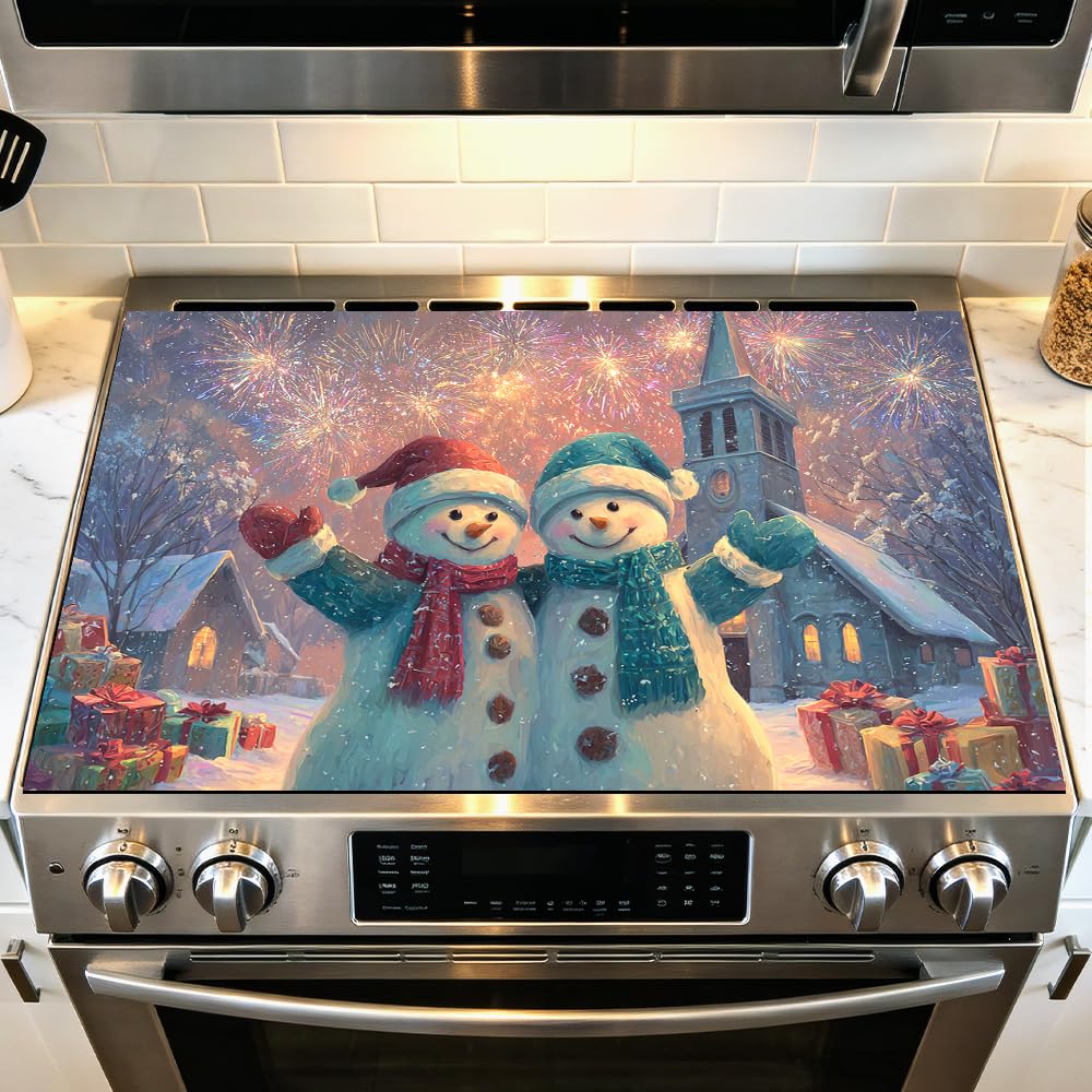Stove Mat 28.35 x 20.47 Inch Christmas Fireplace and Tree Design Cozy Living Room Holiday Scene Decorative Kitchen Countertop Cover Reusable Flexible Mat for Gas Range Electric Stove Home Winter Décor