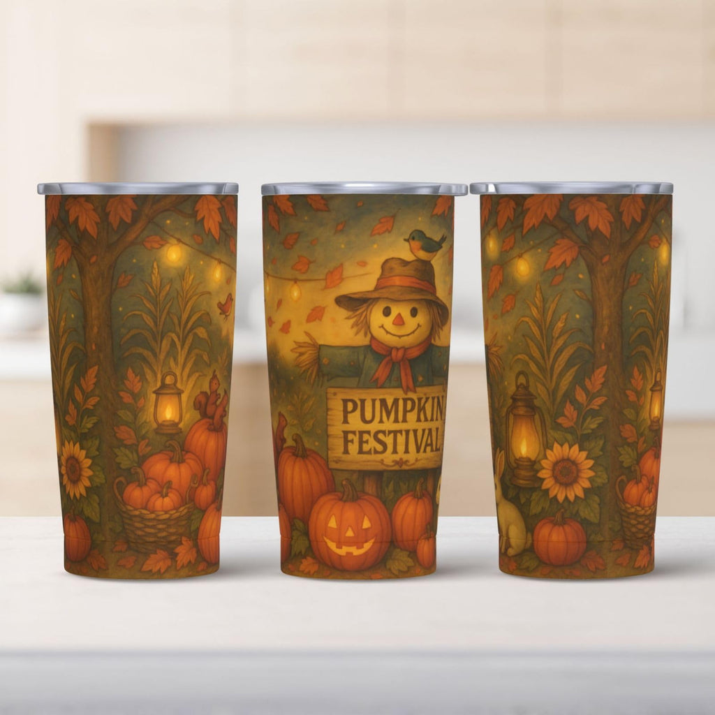 Fall Tumbler with Lid and Straw - 20oz Pumpkin Festival Coffee Tumbler Insulated Stainless Steel Mug, Autumn Harvest Scarecrow Cup, Thanksgiving Travel Mug, Fall Gifts for Women