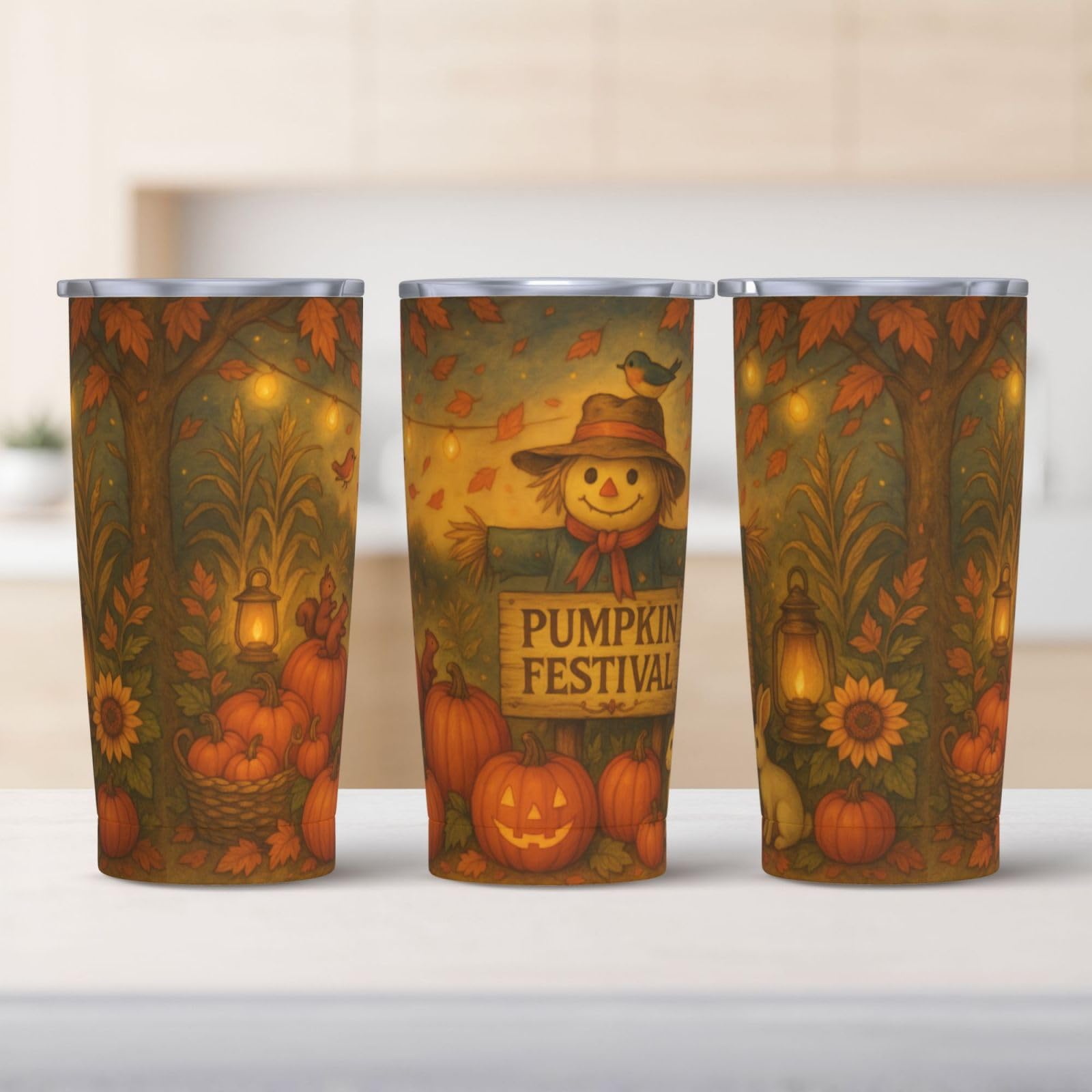 Fall Tumbler with Lid and Straw - 20oz Pumpkin Festival Coffee Tumbler Insulated Stainless Steel Mug, Autumn Harvest Scarecrow Cup, Thanksgiving Travel Mug, Fall Gifts for Women