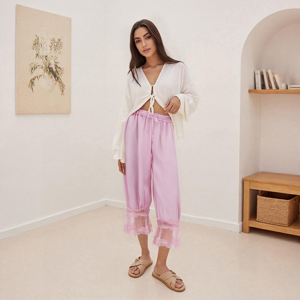 Women Lace Trim Long Bloomers Y2k Elastic Mid Rise Floral Ruffle Pantaloons Flared Slips Pants Pajama Bottoms