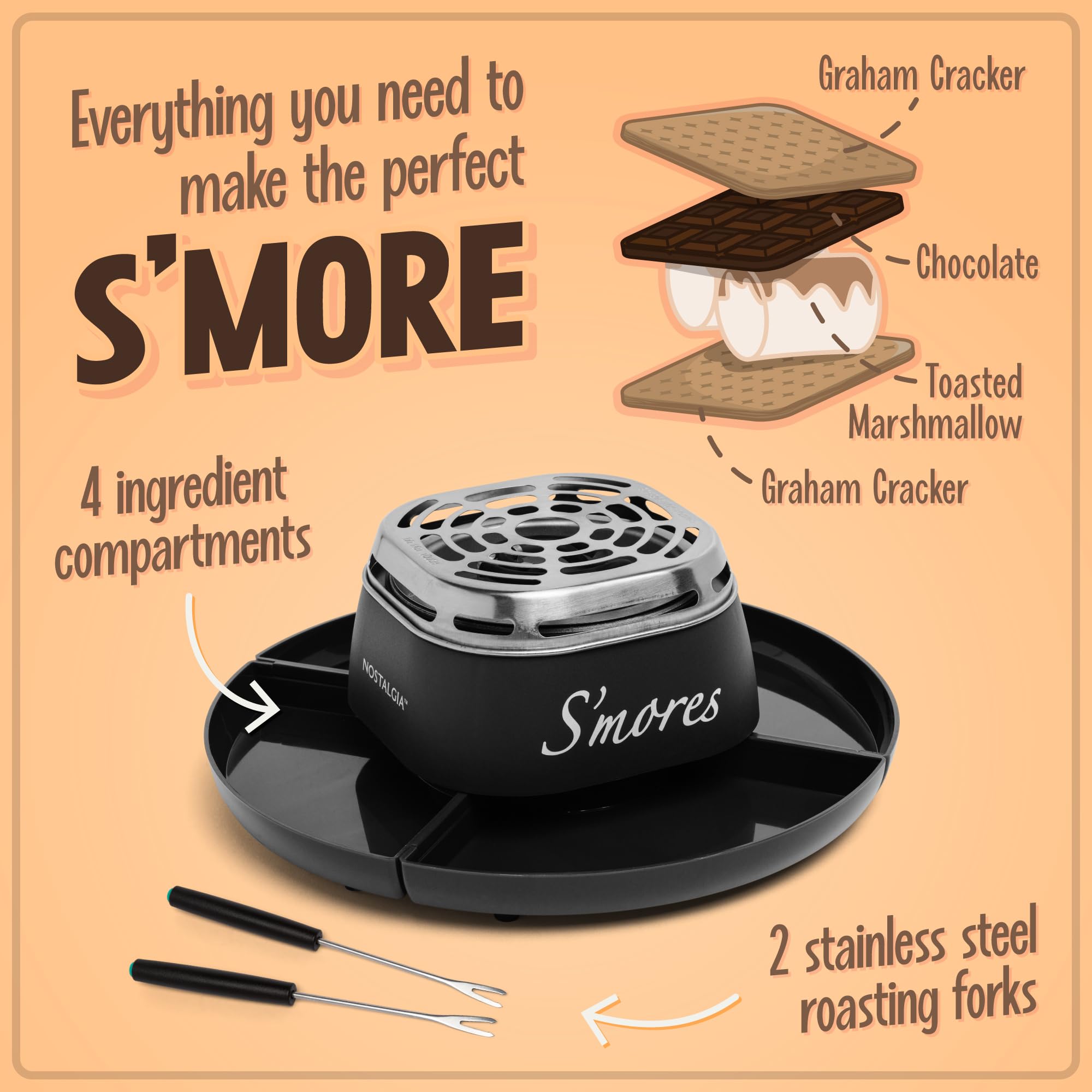 Nostalgia Tabletop Indoor Electric S'mores Maker - Smores Kit With Marshmallow Roasting Sticks and 4 Trays for Graham Crackers, Chocolate, and Marshmallows - Movie Night Supplies - Brown