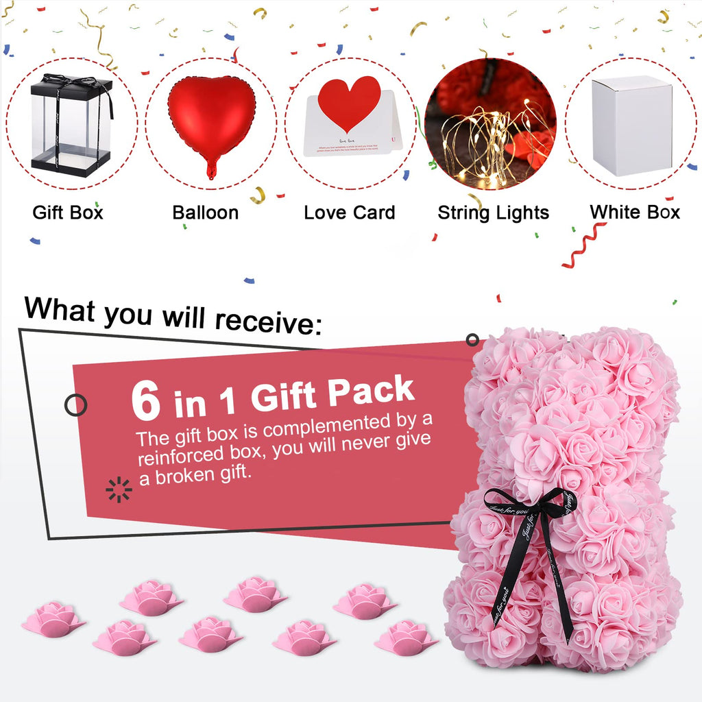 Rose Bear Mother's Day Flower Gifts for Mom Grandma, Rose Teddy Bear with Lights, Cute Teddy Flower Bear, Cute Romantic Present for Wife Girlfriend with Transparent Gift Box and Love Card