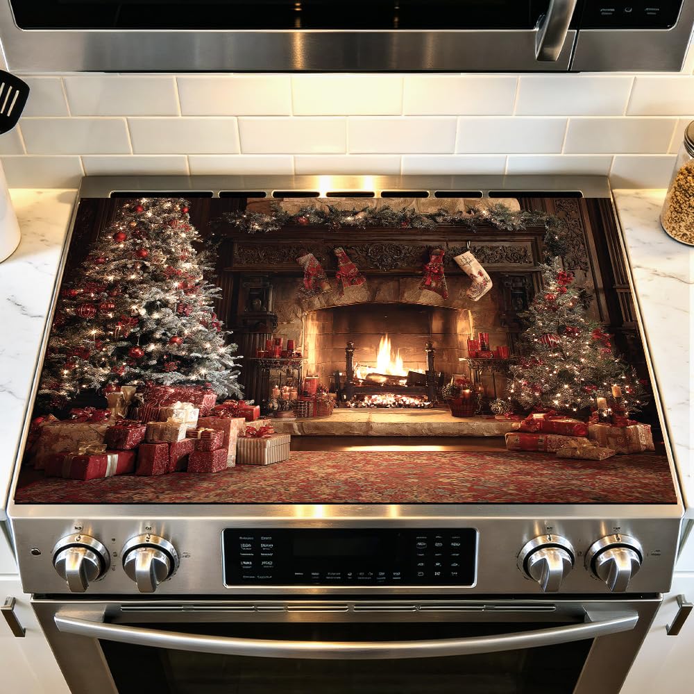 Stove Mat 28.35 x 20.47 Inch Christmas Fireplace and Tree Design Cozy Living Room Holiday Scene Decorative Kitchen Countertop Cover Reusable Flexible Mat for Gas Range Electric Stove Home Winter Décor