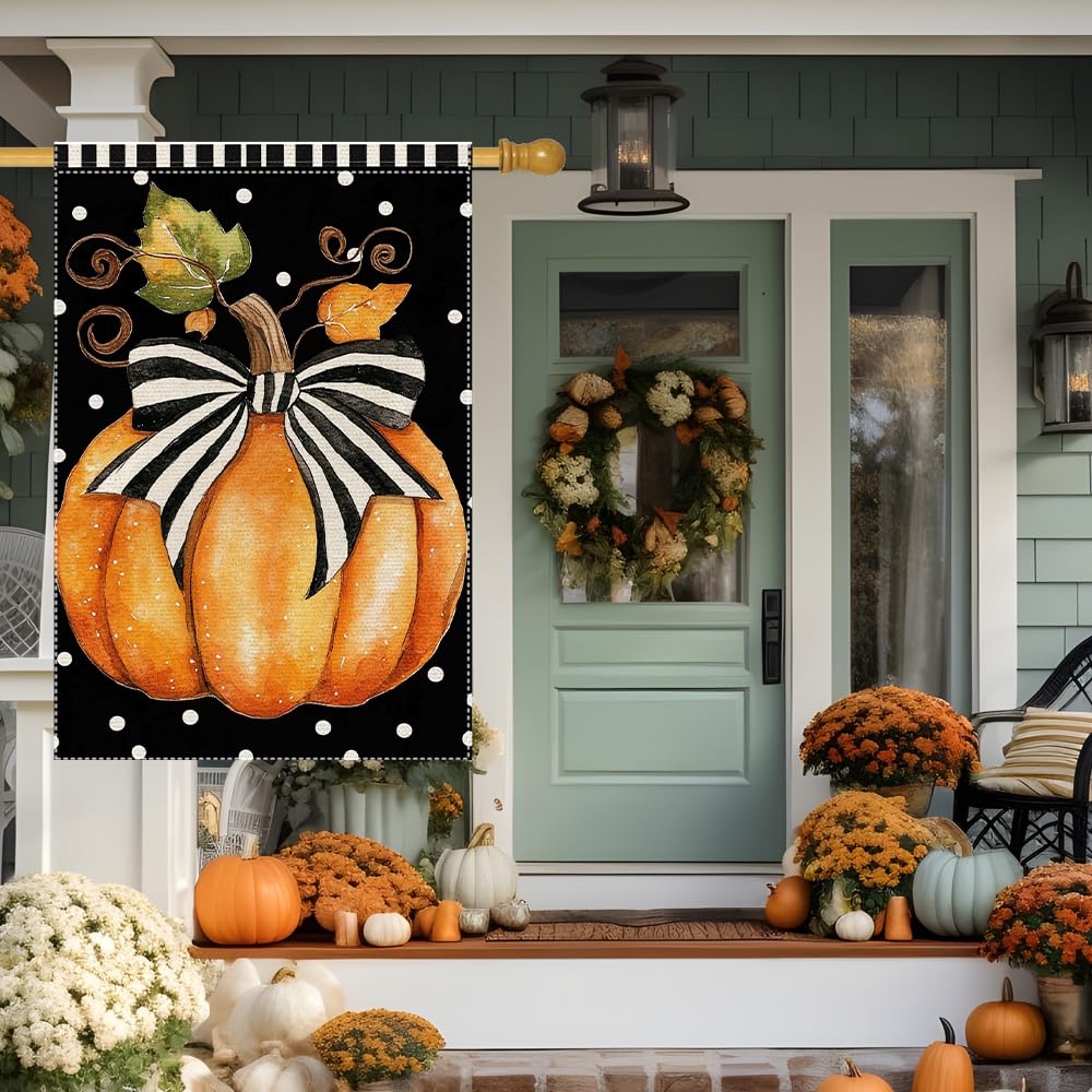 Fall Garden Flag For Outdoor Decor Thanksgiving Garden Flags Autumn Stained Glass Pumpkin Maple Leaf Double Sided Small Burlap Outside Porch Lawn Yard Flags Decorations 12.5x18 Inch