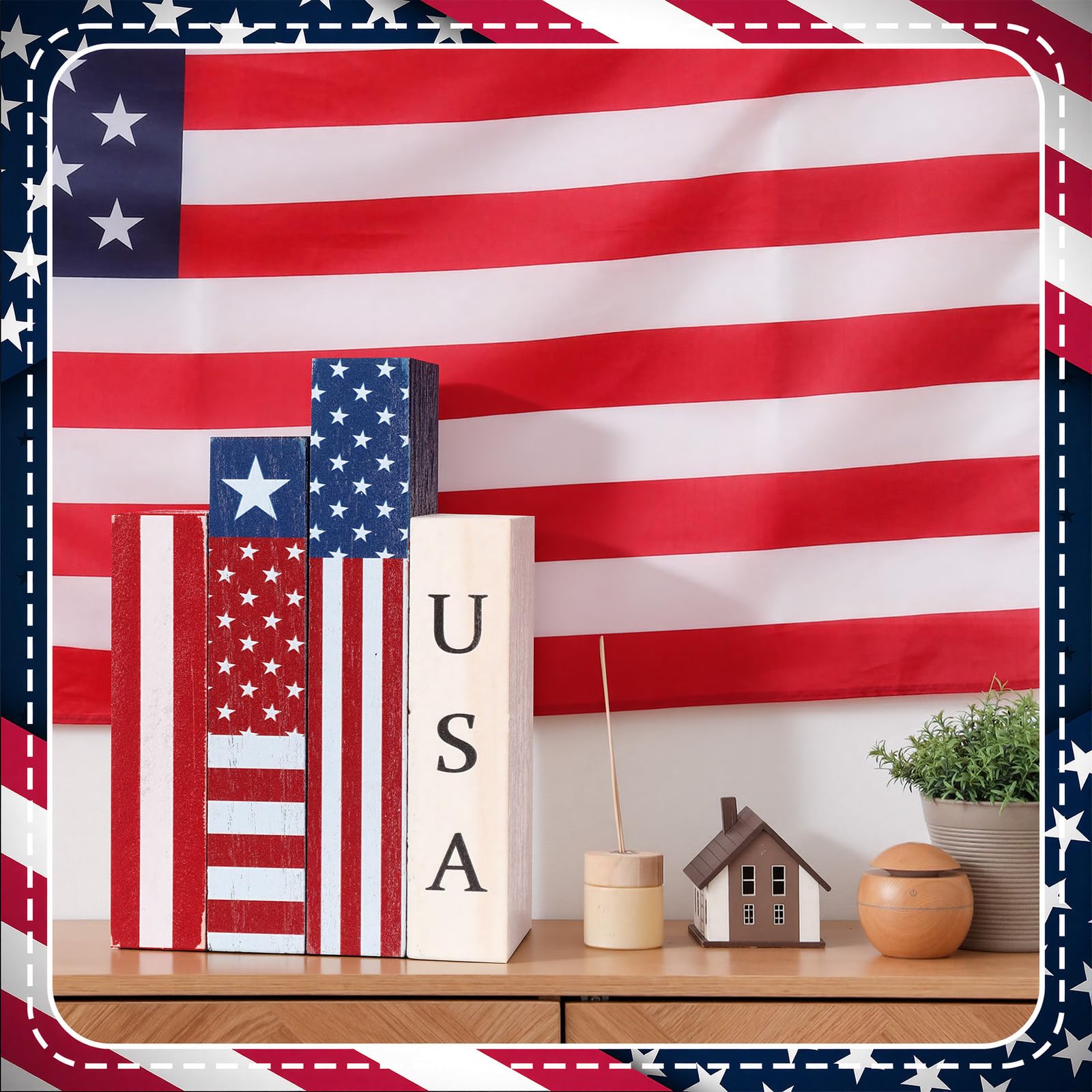 Amyhill 3 Pcs 4th of July Decorations Set Wooden Patriotic Table Centerpieces Independence Day Wood Firework Fourth of July Table Signs for 250th Anniversary Home Farmhouse Decor (Flag)