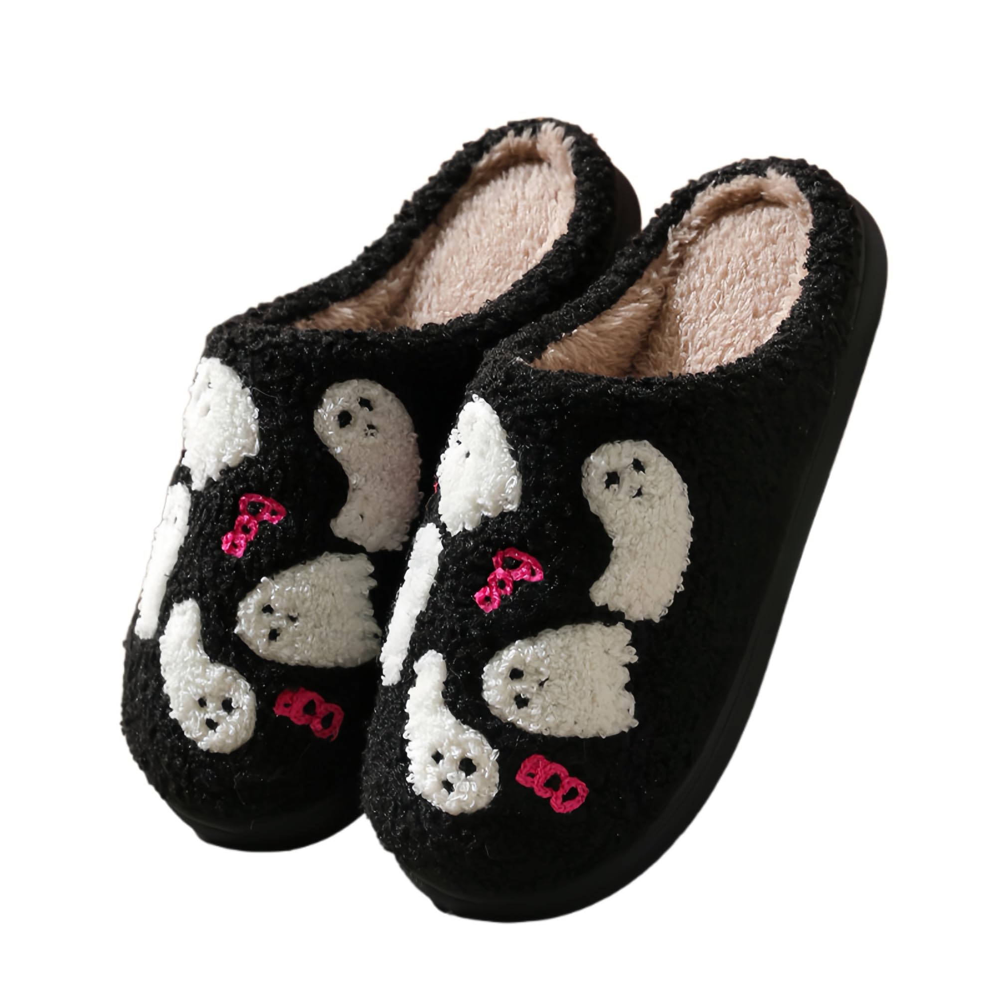 Halloween Slippers for Women Retro Soft Cozy Comfy Plush Lightweight Slip-on Indoor Outdoor Anti-Skid Sole Christmas House Shoes