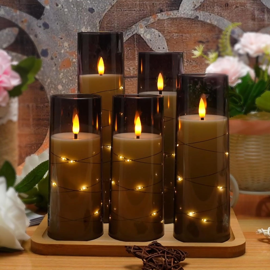 kakoya Flameless LED Candles with Timer 5 Pc Flickering Flameless Candles for Romantic Ambiance and Home Decoration Stable Acrylic Shell,with Embedded Star String，Battery Operated Candles（Red）