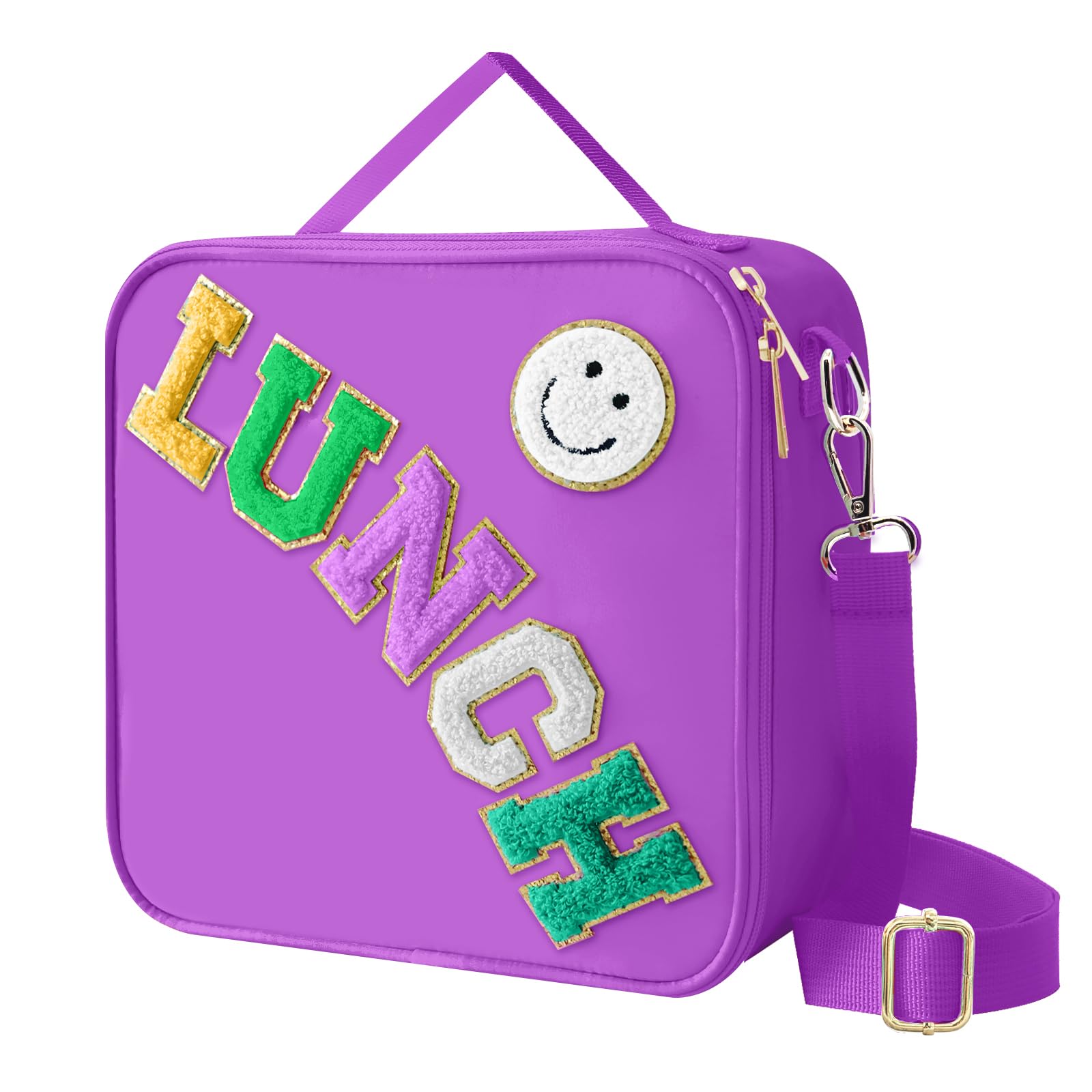 Insulated Lunch Bag With Adjustable Shoulder Strap, Nylon Preppy Lunch Box Large Insulated Lunch Bag Reusable Lunch Tote Bag with Smiley Preppy LunchBag for Girls School Travel Picnic (Purple)