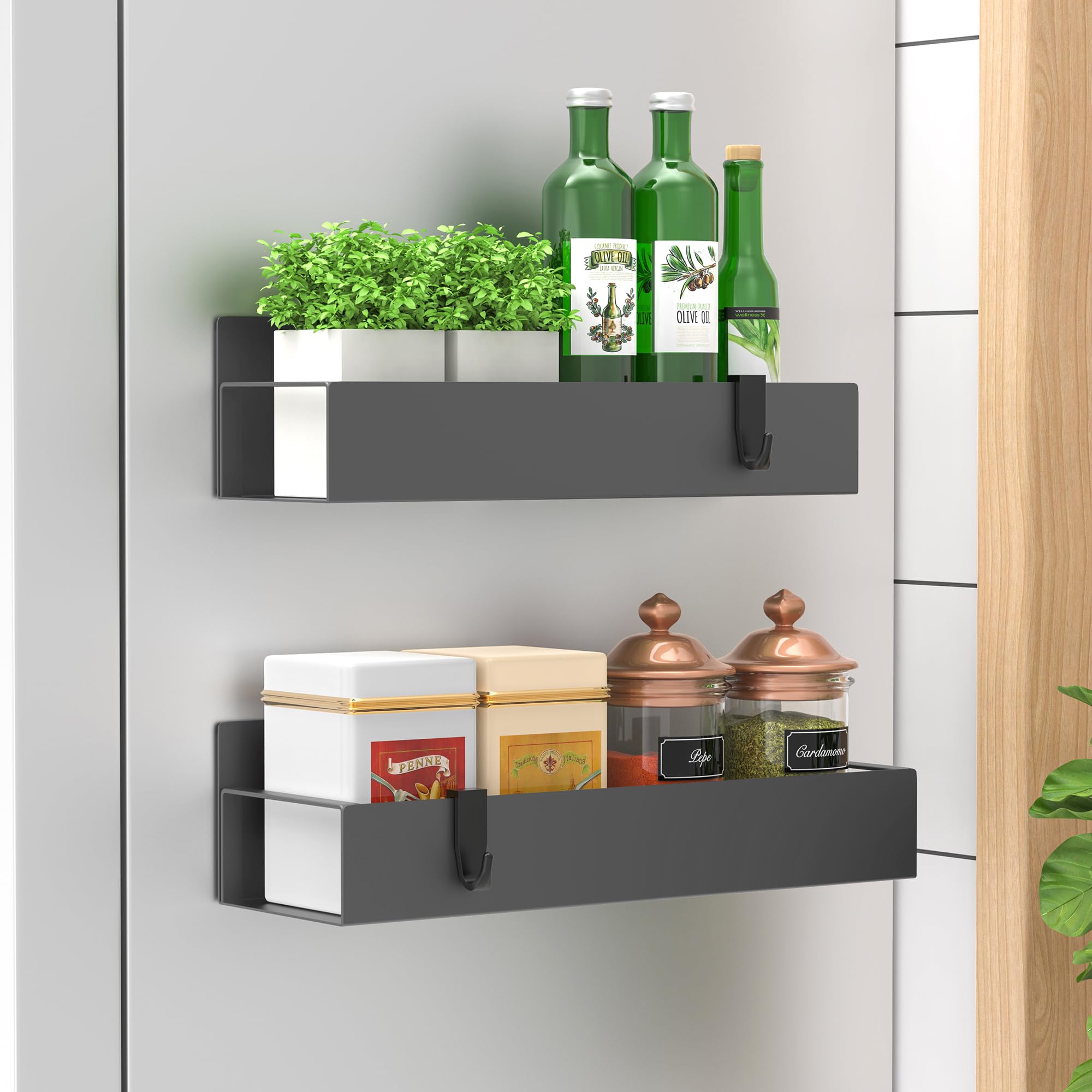 HuggieGems Metal 4 Pack Magnetic Spice Storage Rack Organizer for Refrigerator and Oven, Black Fridge Organizers and Storage, Metal