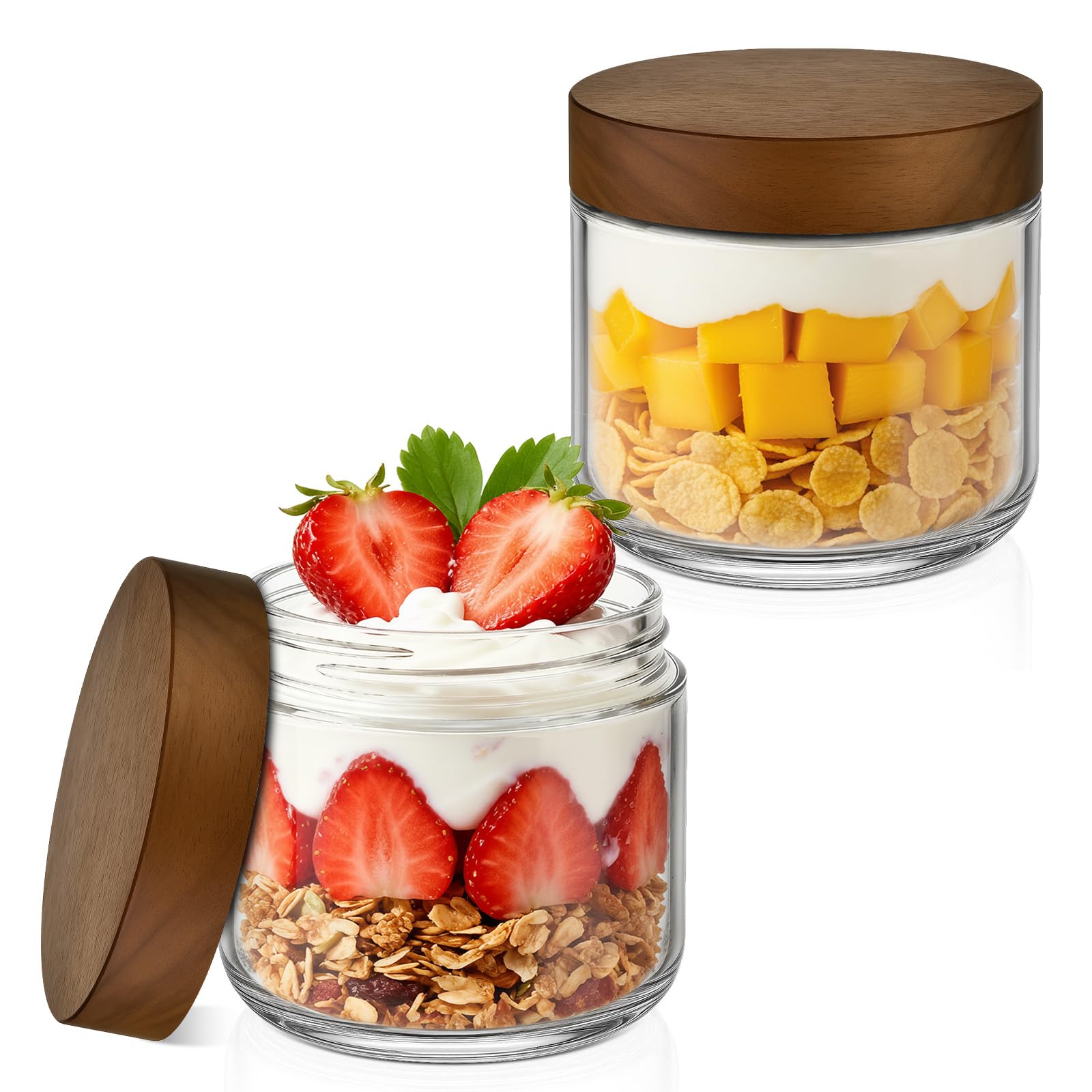 Bumobum 10 oz Small Glass Jars with Lids, Glass Container with Acacia Wood Airtight Lid, Wide Mouth Canisters for Chia Pudding Loose Tea Coffee Meal Prep Parfait Salad Snacks Yogurt Spice, 4-Pack