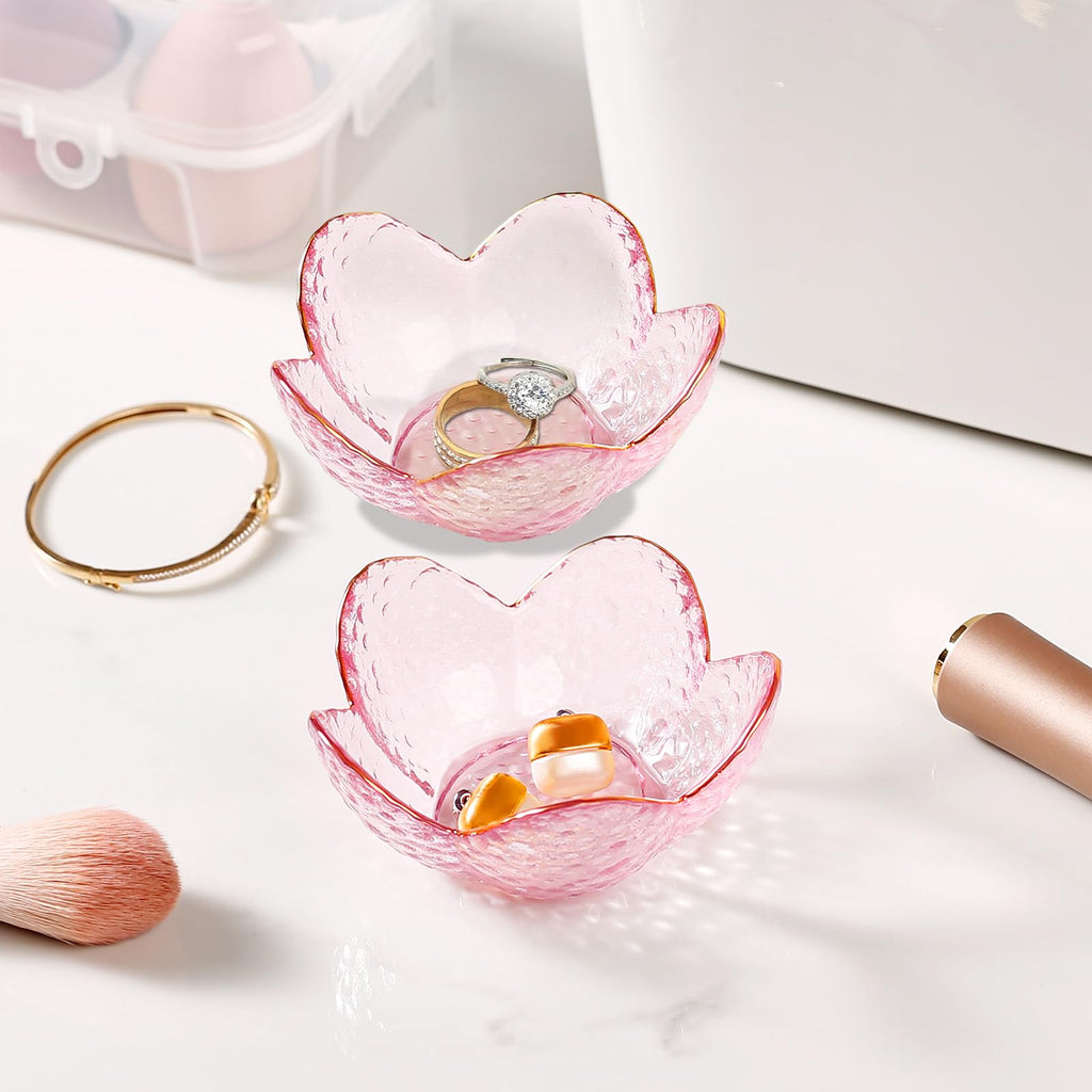 Purple Flower Jewelry Dish Glass Ring Holder Dish Jewelry Tray Cute Vanity Organizer Aesthetic Nightstand Bathroom Room Decor Trinket Dish Mothers Day Friendship Christmas Birthday Gifts for Women