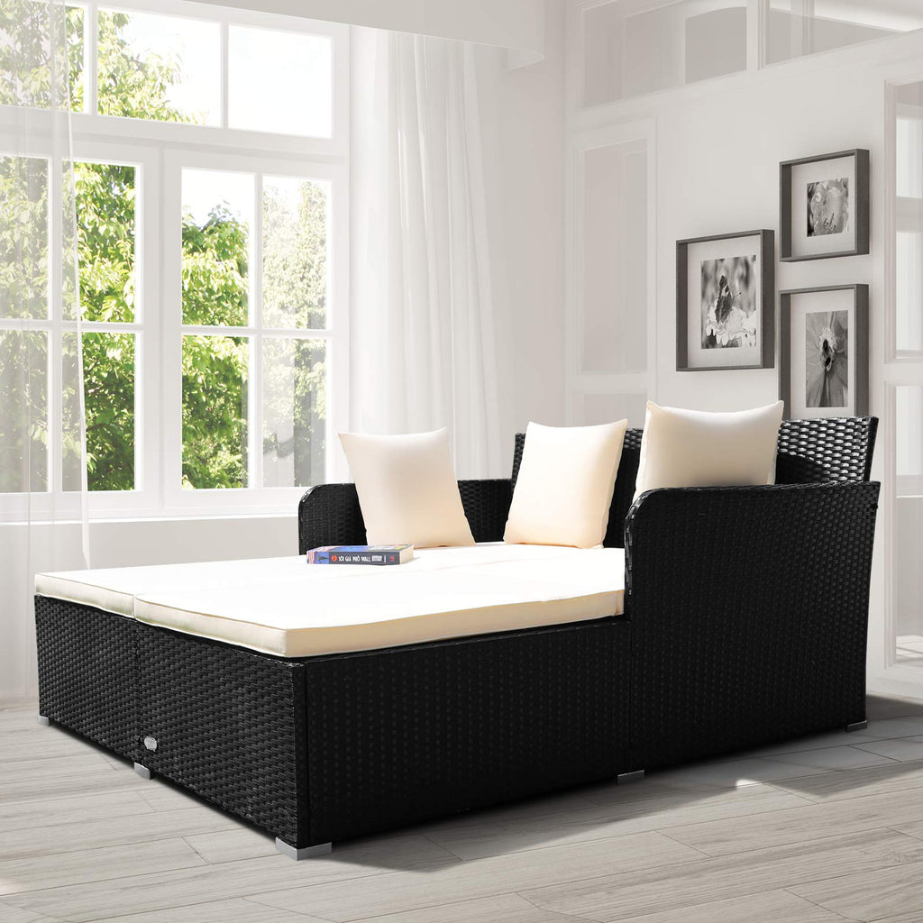 Tangkula Patio Rattan Daybed with Retractable Canopy, Outdoor Wicker Sunbed Lounger with 2 Foldable Side Tables, Thick Seat & Back Cushions, Outside Double Daybed for Garden, Backyard, Porch