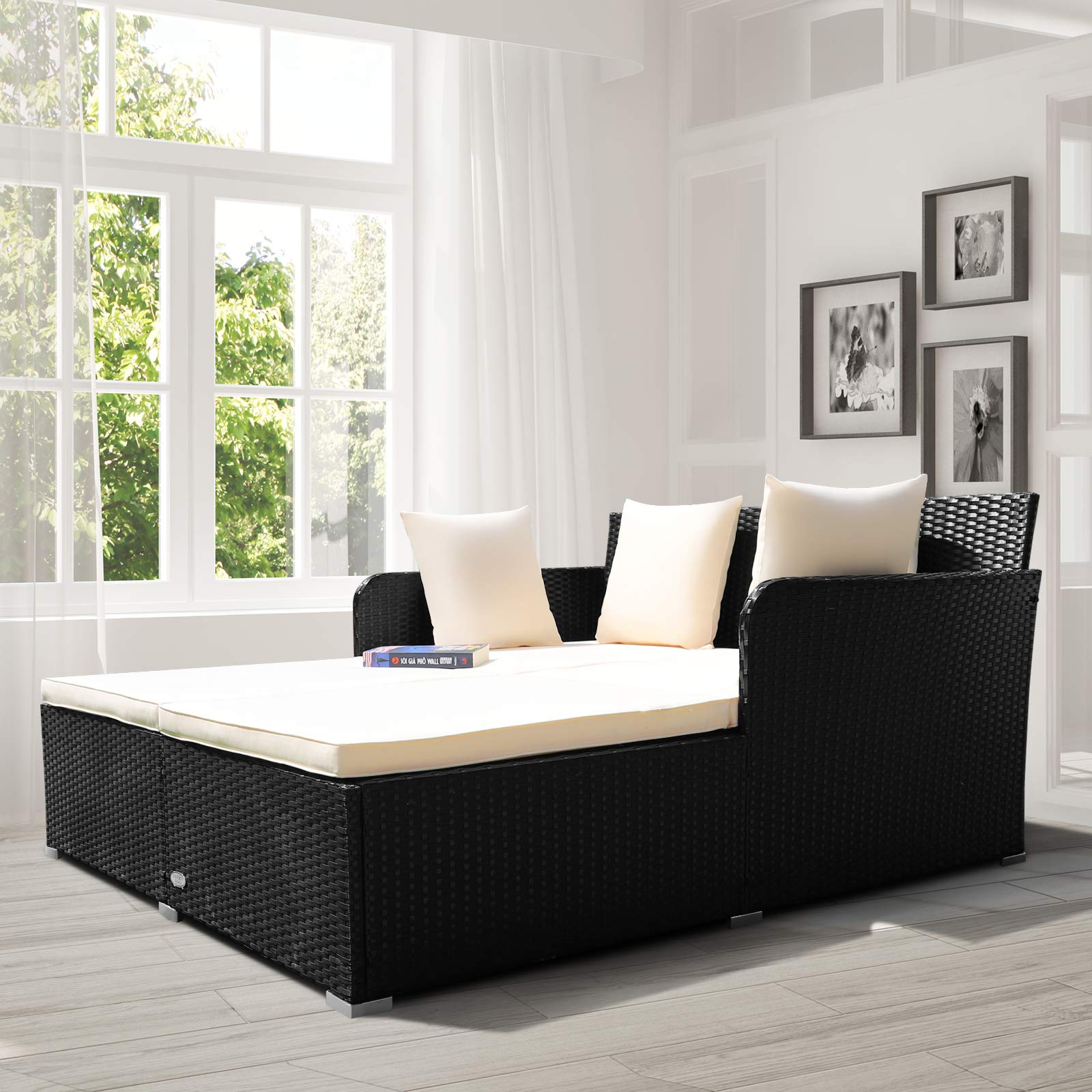 Tangkula Patio Rattan Daybed with Retractable Canopy, Outdoor Wicker Sunbed Lounger with 2 Foldable Side Tables, Thick Seat & Back Cushions, Outside Double Daybed for Garden, Backyard, Porch