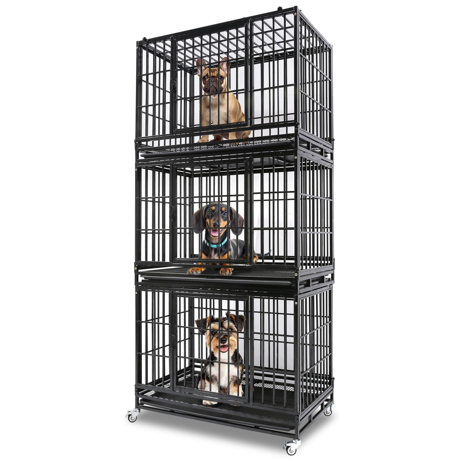 Homey Pet 37 Inch Heavy Duty Dog Crate for Medium Dogs, Stackable Dog Cage with Four Lockable Wheels, Removable Tray & Grid, Open Top, Escape Proof Dog Kennel Indoor