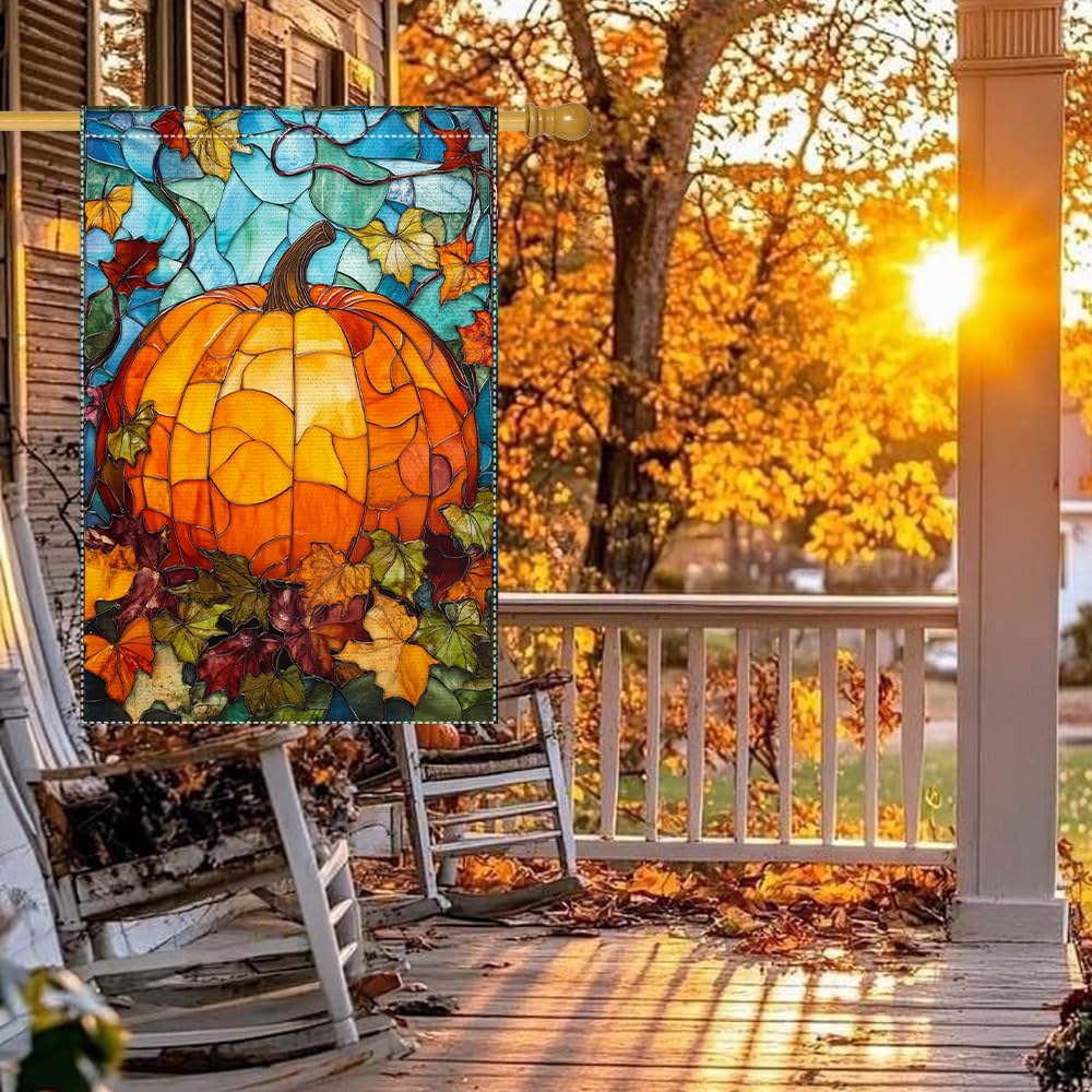 Fall Garden Flag For Outdoor Decor Thanksgiving Garden Flags Autumn Stained Glass Pumpkin Maple Leaf Double Sided Small Burlap Outside Porch Lawn Yard Flags Decorations 12.5x18 Inch