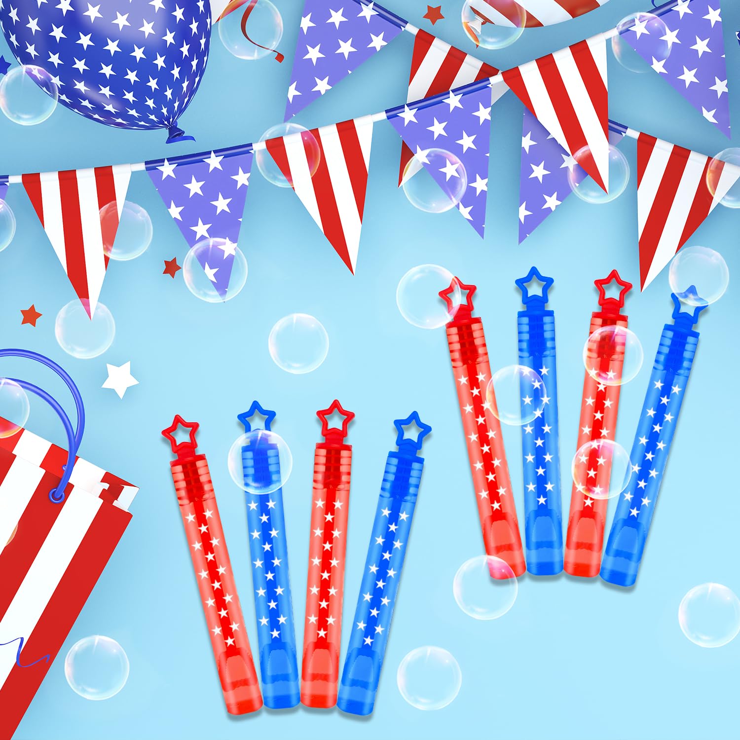 Fourth of July Party Favors Supplies for Kids,32 Pack 4th of July Mini Bubbles Goodie Treat Bags Stuffers for Toddler Boys Girls,250th Anniversary Patriotic Toys Gifts Prize Accessories Birthday Decor