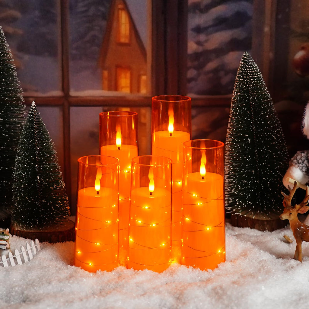 kakoya Flameless LED Candles with Timer 5 Pc Flickering Flameless Candles for Romantic Ambiance and Home Decoration Stable Acrylic Shell,with Embedded Star String，Battery Operated Candles（Red）