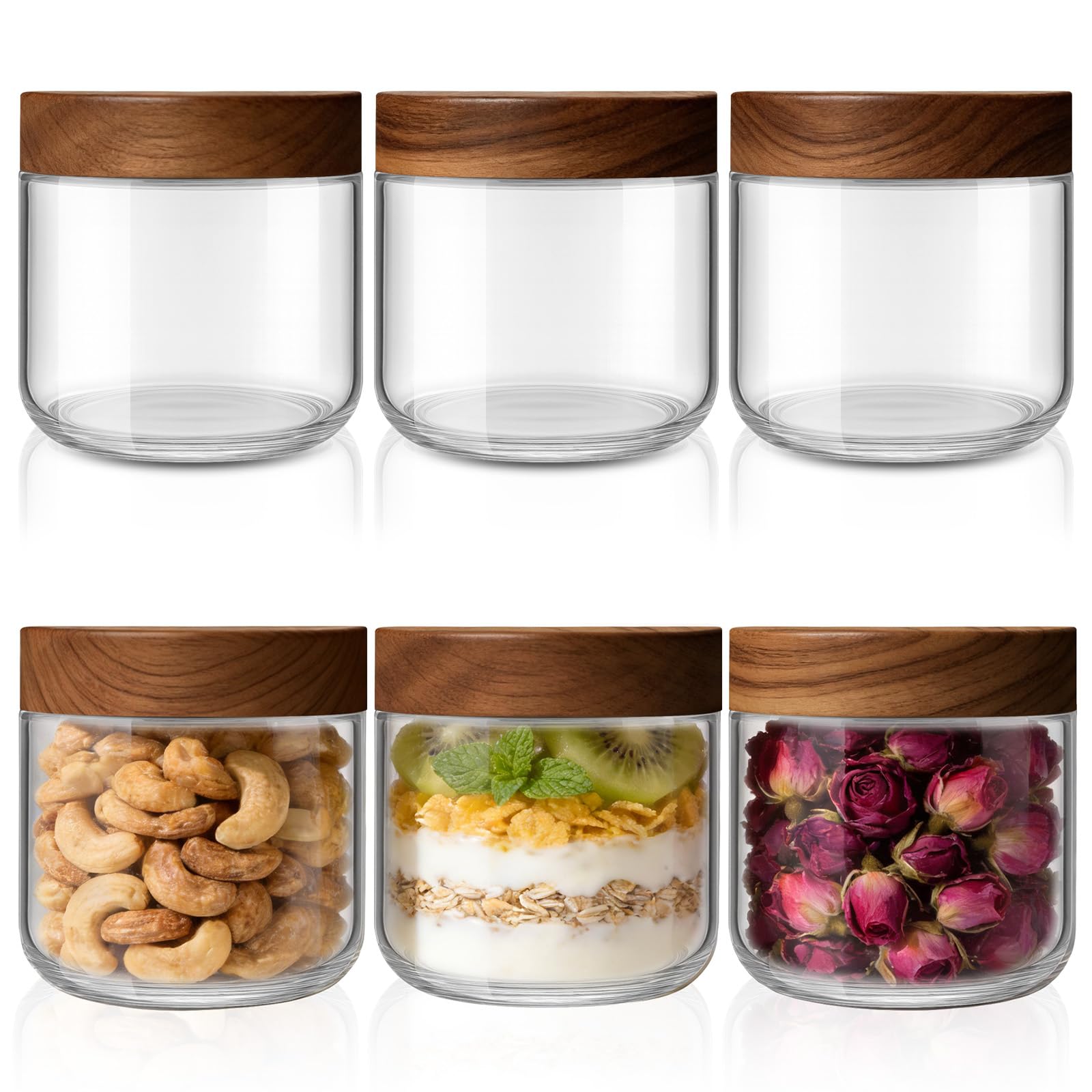 Bumobum 10 oz Small Glass Jars with Lids, Glass Container with Acacia Wood Airtight Lid, Wide Mouth Canisters for Chia Pudding Loose Tea Coffee Meal Prep Parfait Salad Snacks Yogurt Spice, 4-Pack