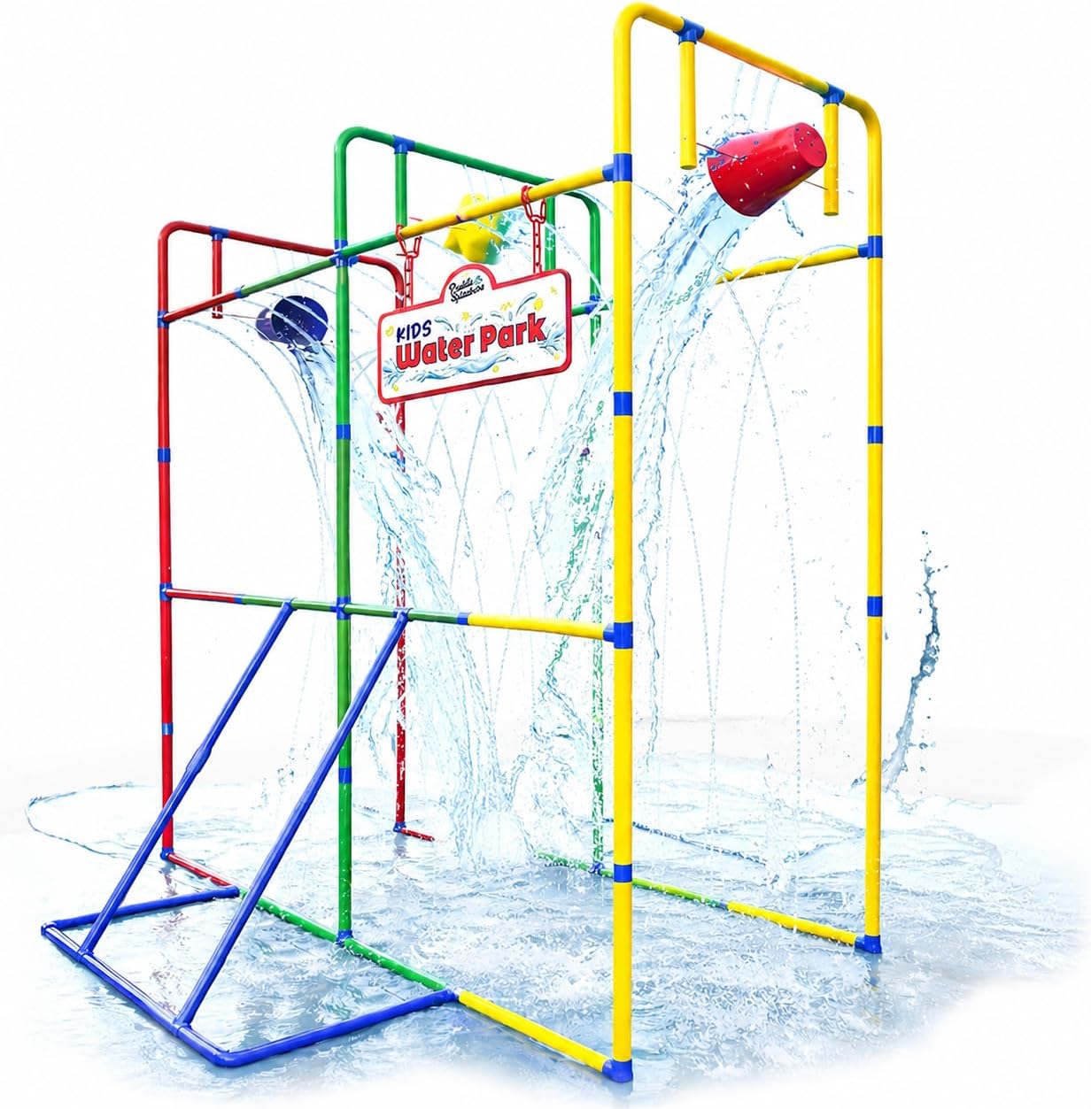 Backyard Waterpark with Splash Wheel, Dump Buckets for Kids Outdoor Water Play