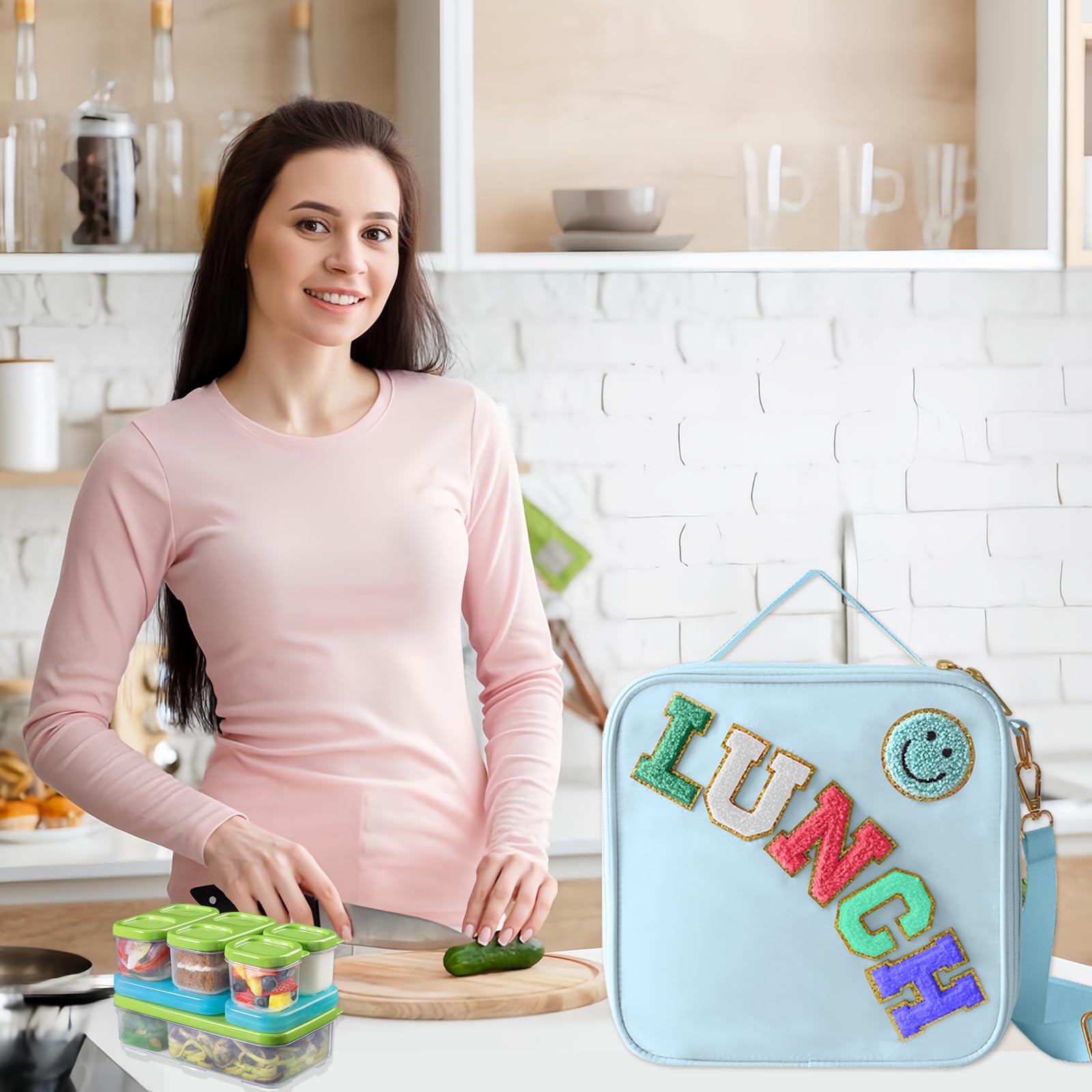 Insulated Lunch Bag With Adjustable Shoulder Strap, Nylon Preppy Lunch Box Large Insulated Lunch Bag Reusable Lunch Tote Bag with Smiley Preppy LunchBag for Girls School Travel Picnic (Purple)