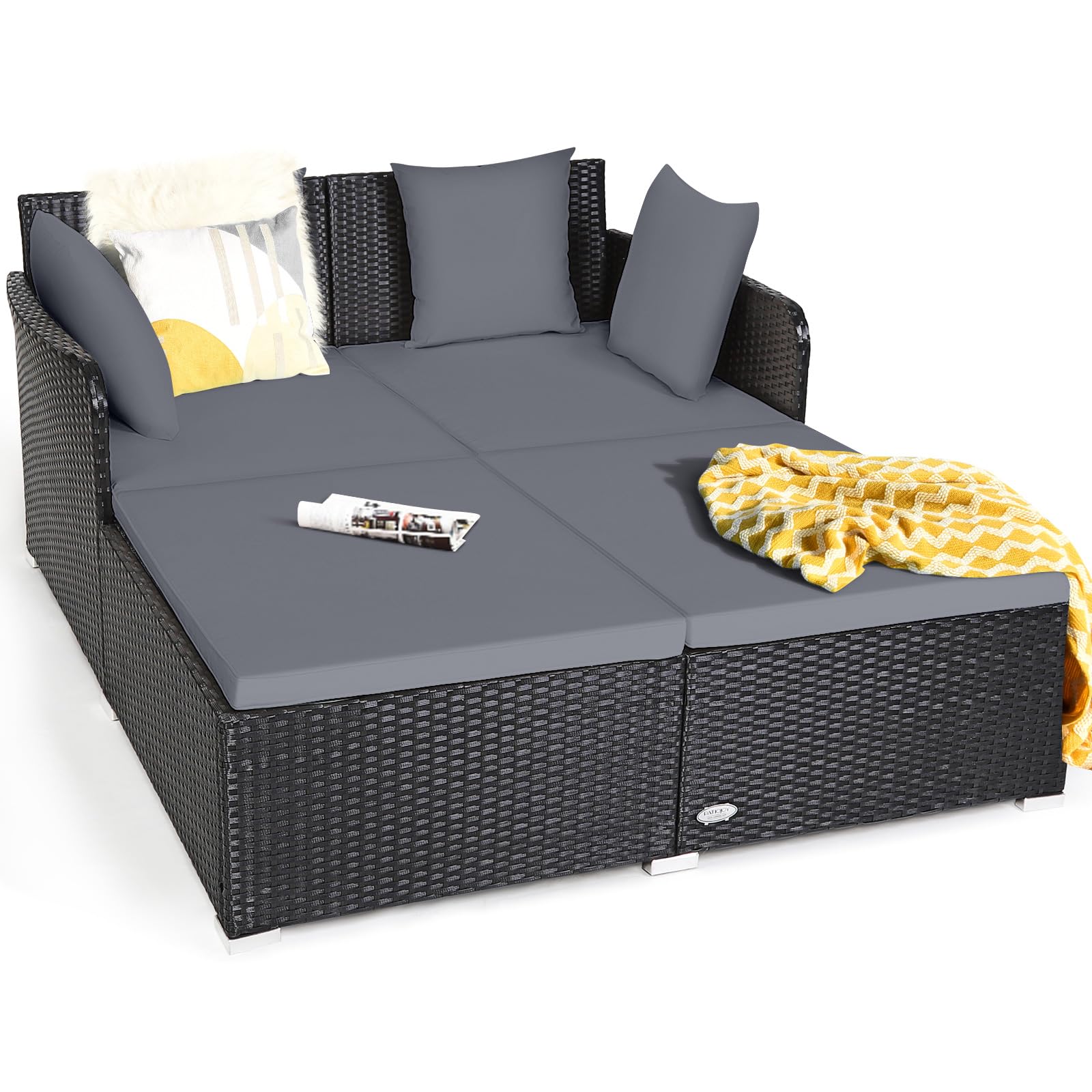 Tangkula Patio Rattan Daybed with Retractable Canopy, Outdoor Wicker Sunbed Lounger with 2 Foldable Side Tables, Thick Seat & Back Cushions, Outside Double Daybed for Garden, Backyard, Porch